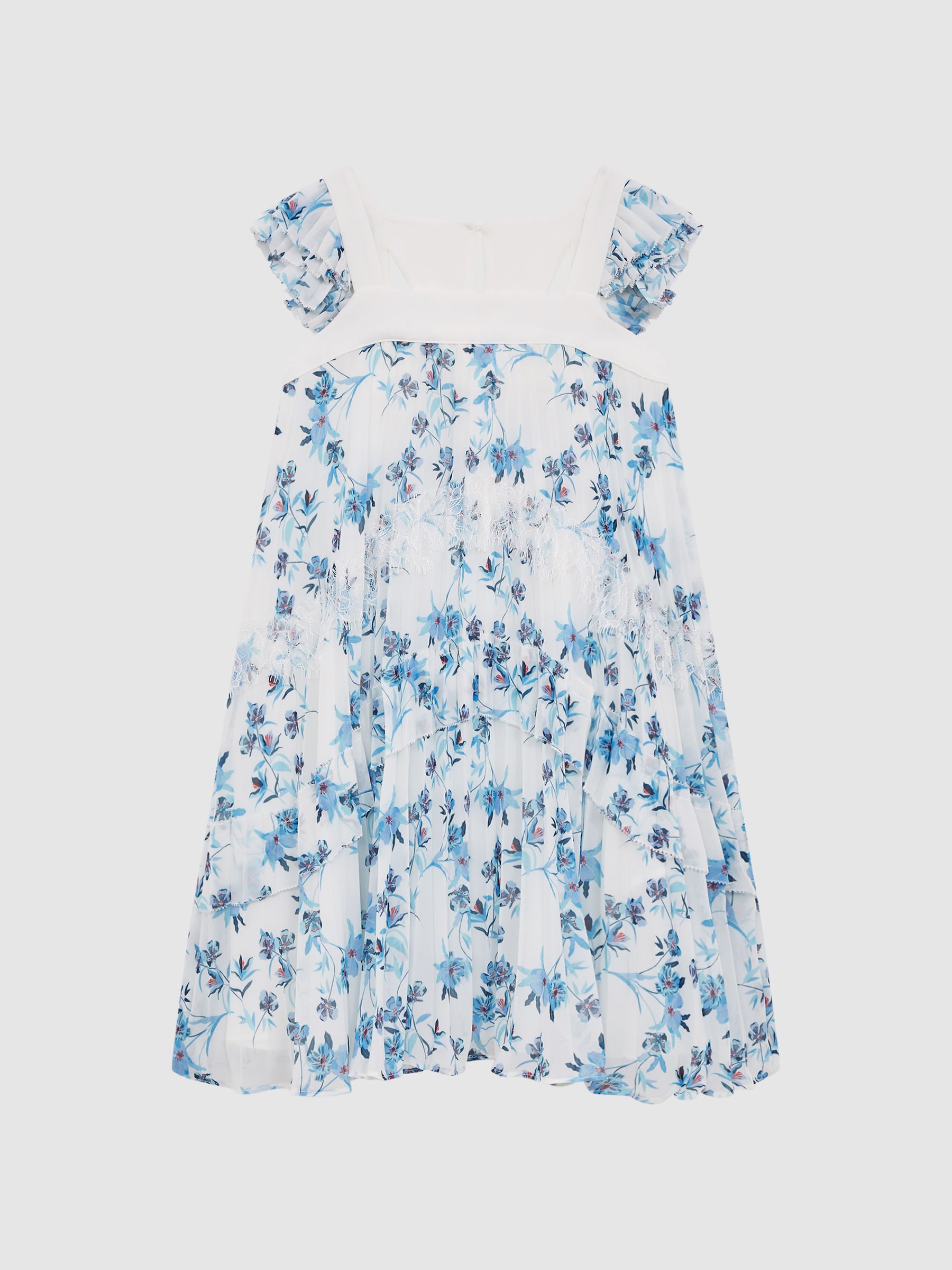 Floral Printed Pleated Dress in Blue Print - Image 2 of 6 Floral Printed Pleated Dress in Blue Print - Image 2 of 6