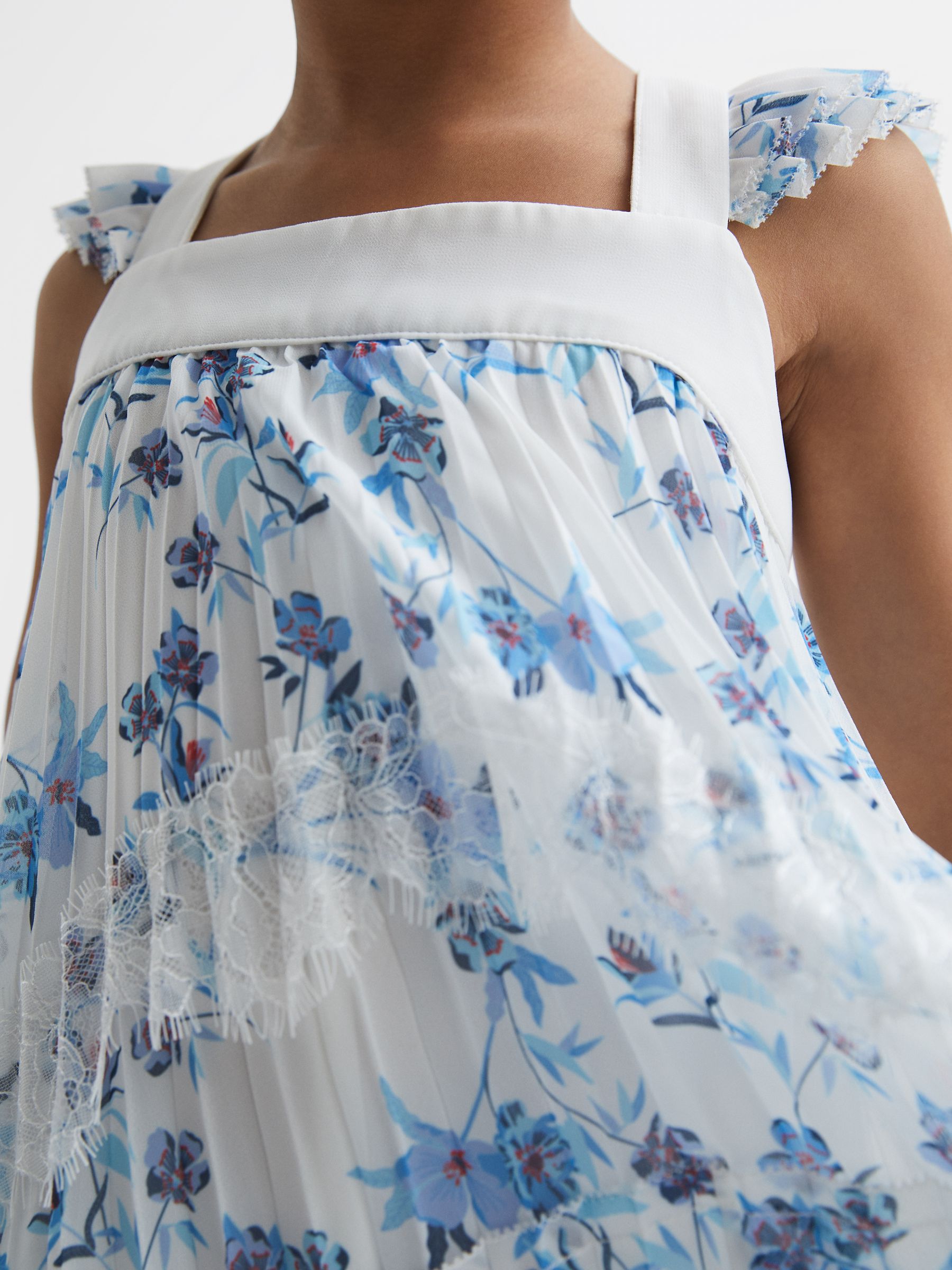 Floral Printed Pleated Dress in Blue Print - Image 4 of 6