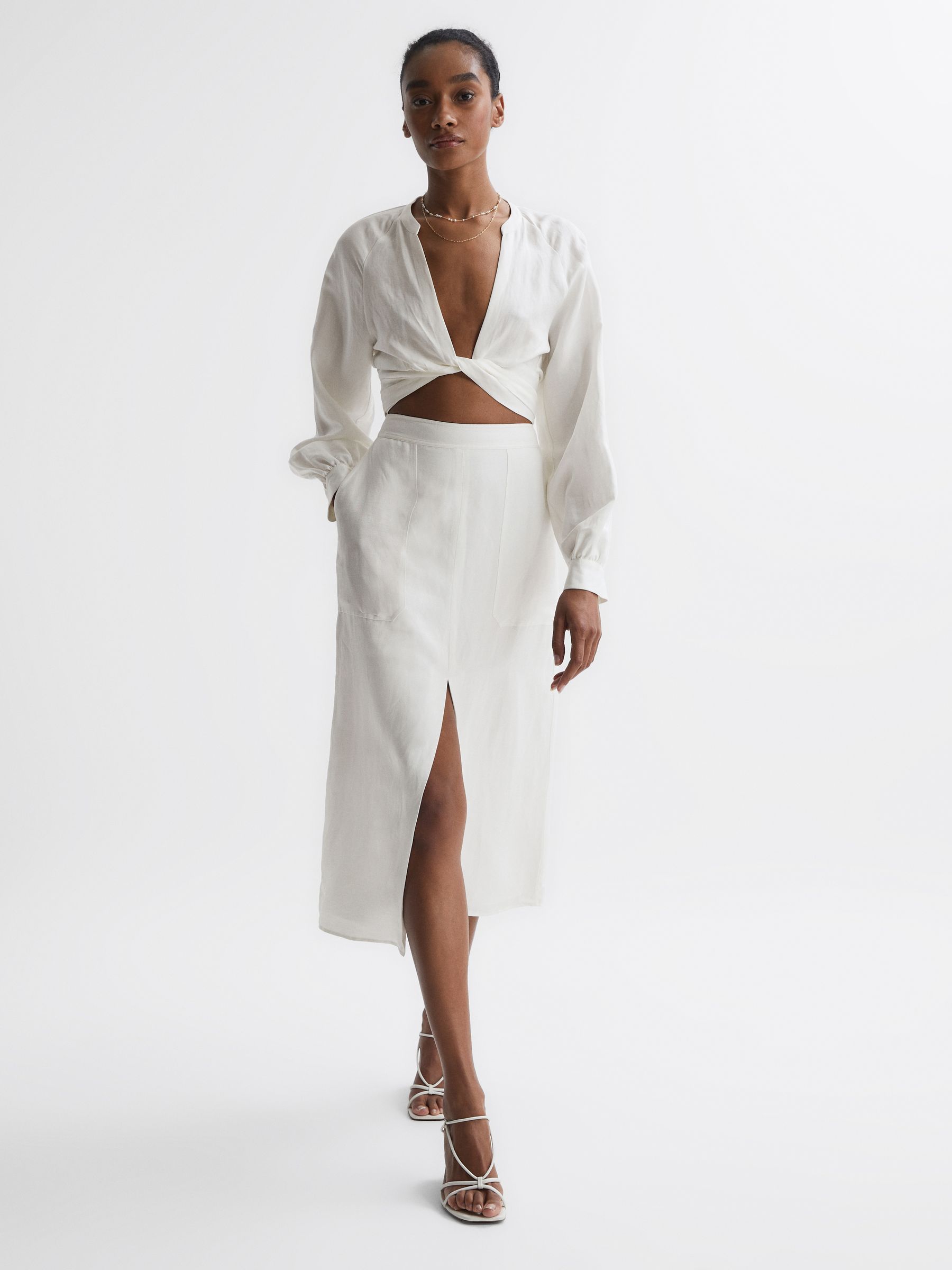 Linen High Rise Skirt in White - Image 1 of 6