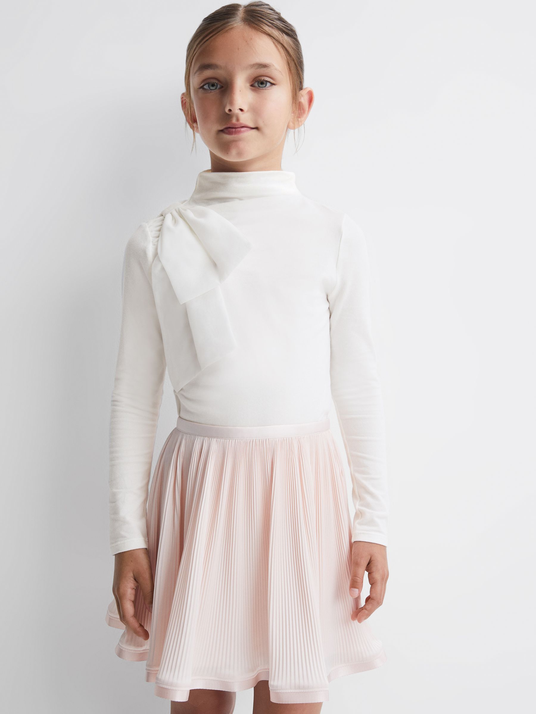 4-9 yrs Cotton Bow Funnel Neck T-Shirt in Ivory - Image 1 of 6