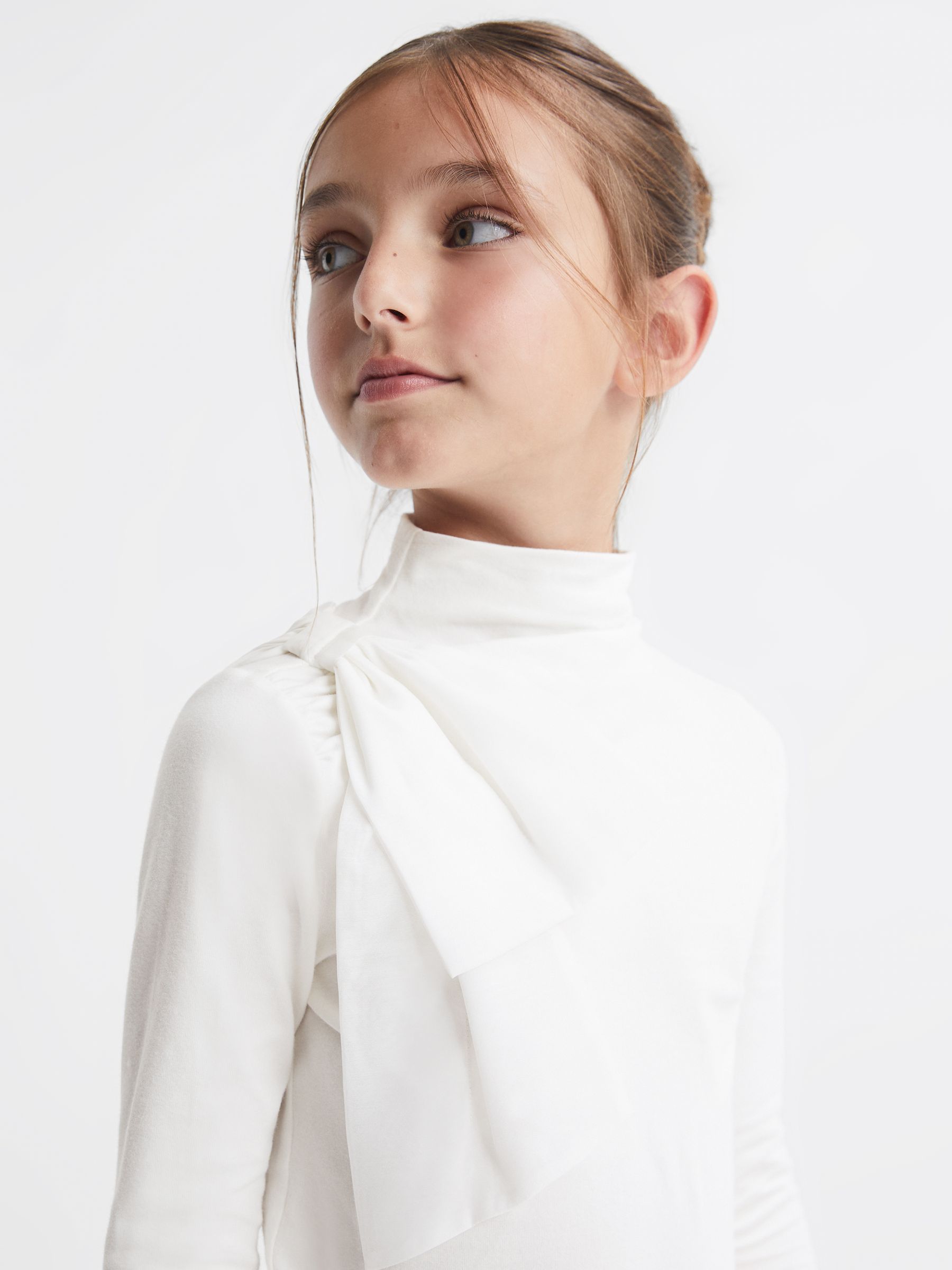 4-9 yrs Cotton Bow Funnel Neck T-Shirt in Ivory - Image 4 of 6