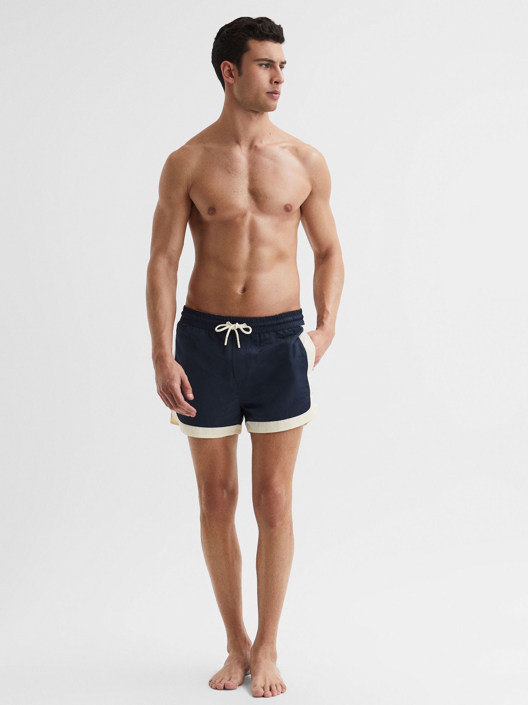 Drawstring Contrast Swim Shorts in Navy/White - Image 1 of 7 Drawstring Contrast Swim Shorts in Navy/White - Image 1 of 7