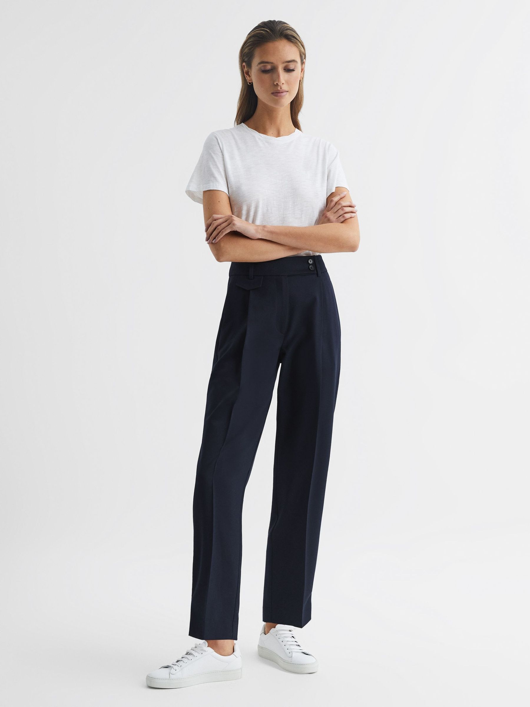 High Rise Cropped Tapered Trousers in Navy - Image 3 of 7