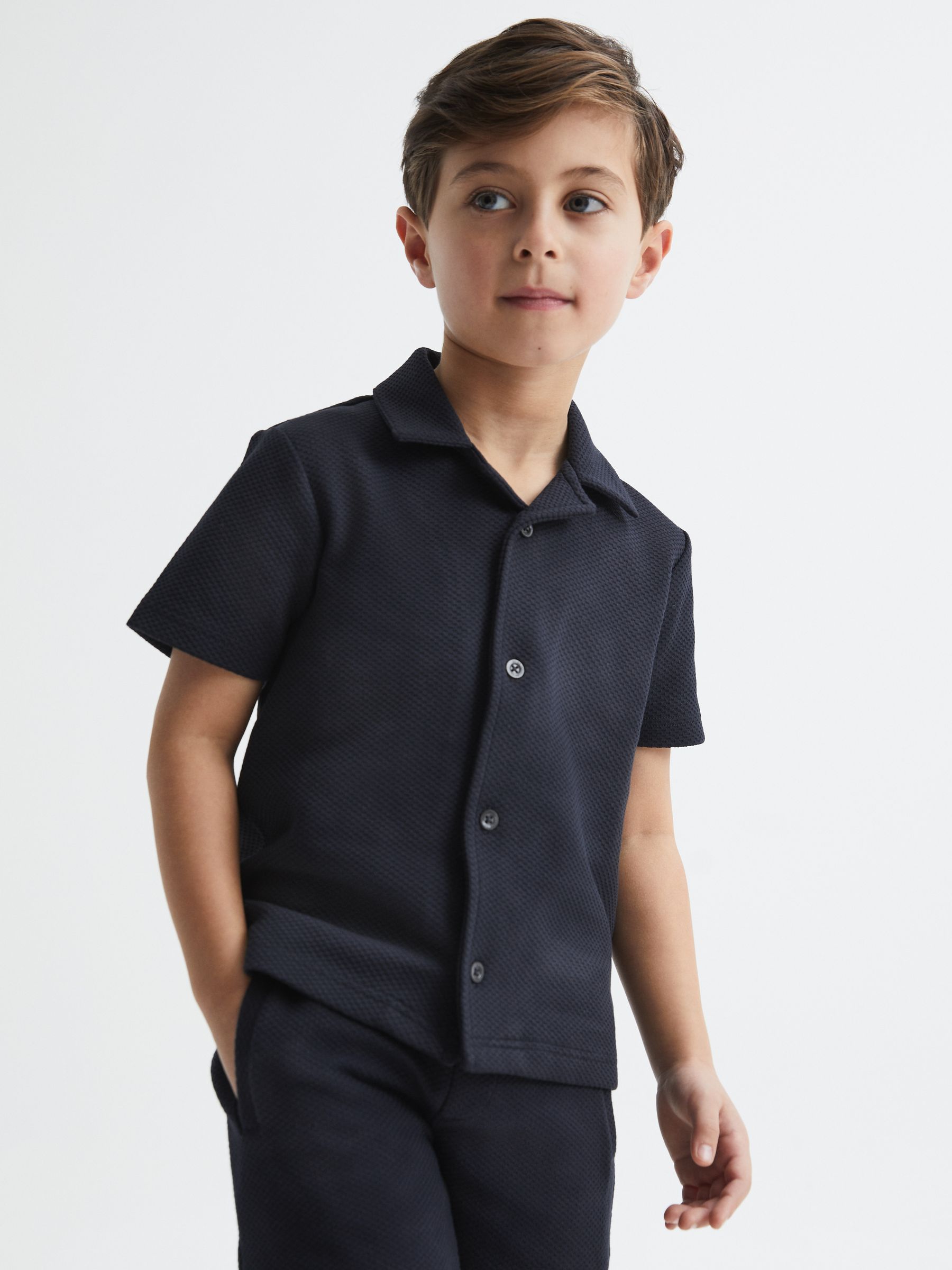 Junior Short Sleeve Cuban Collar Shirt in Navy - Image 1 of 6