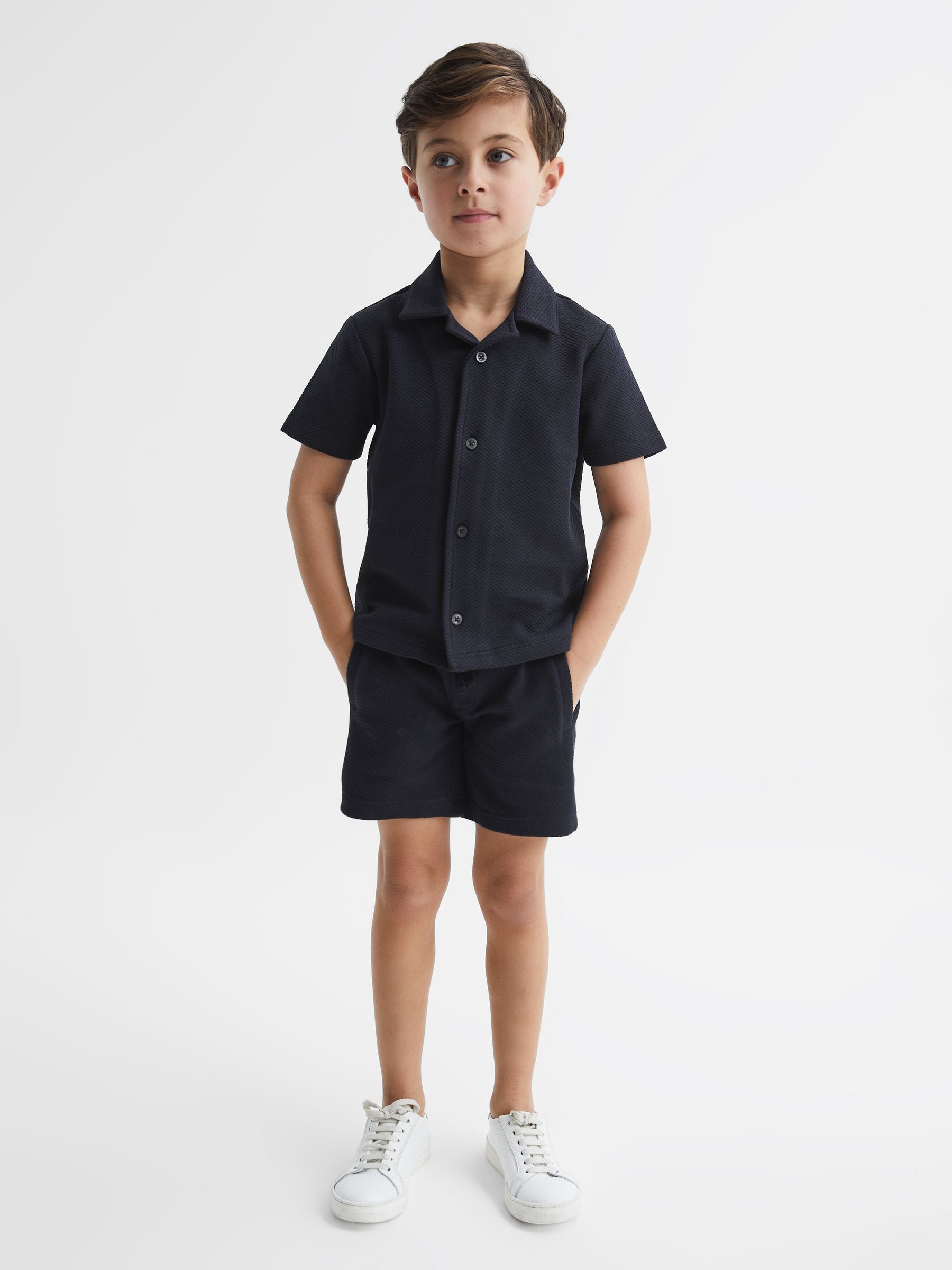 Junior Short Sleeve Cuban Collar Shirt in Navy - Image 3 of 6