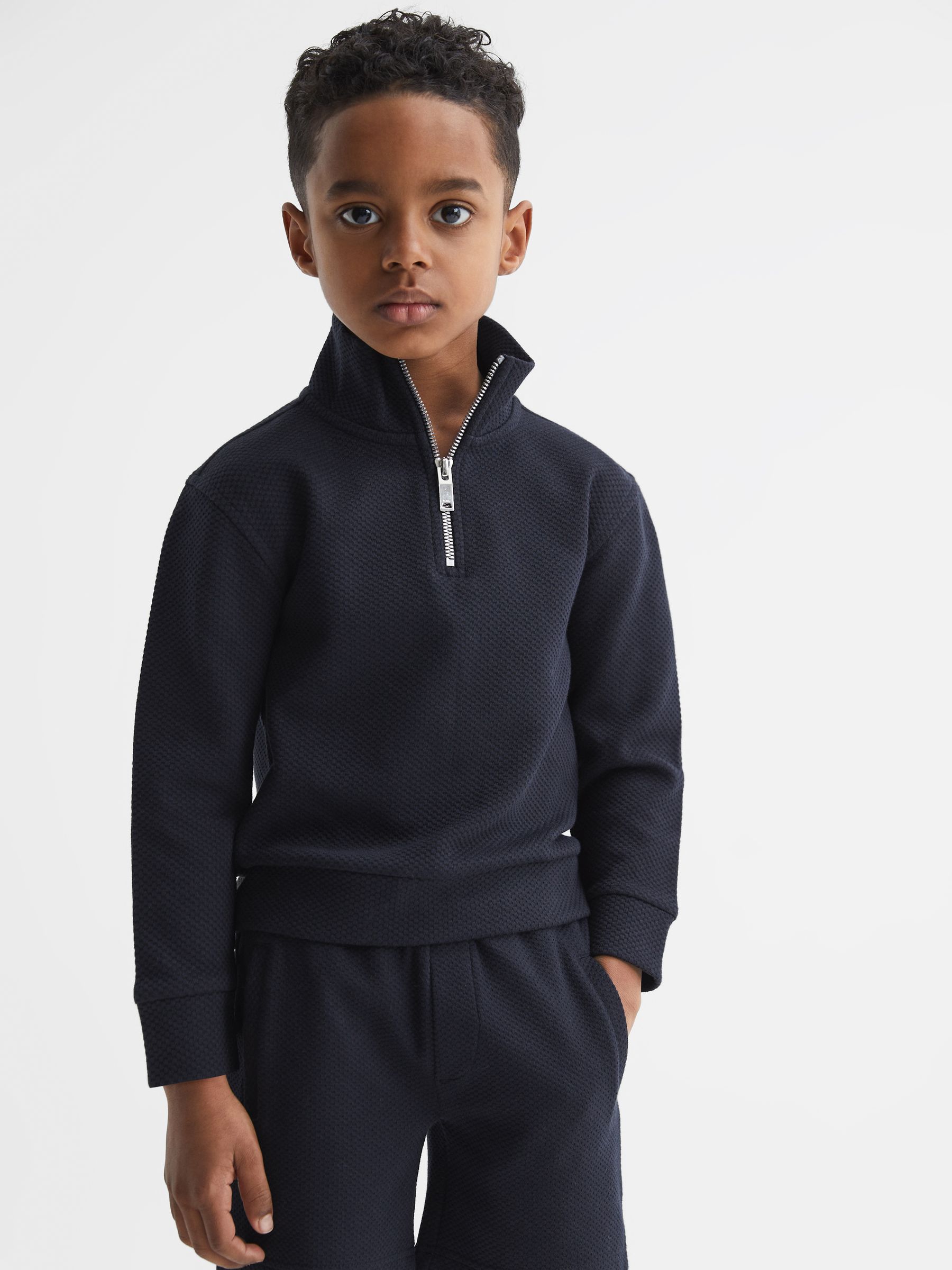 Junior Textured Half-Zip Funnel Neck Top in Navy - Image 1 of 6