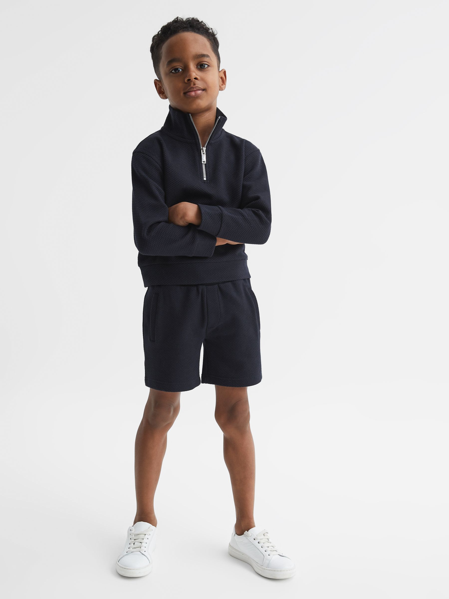 Junior Textured Half-Zip Funnel Neck Top in Navy - Image 3 of 6