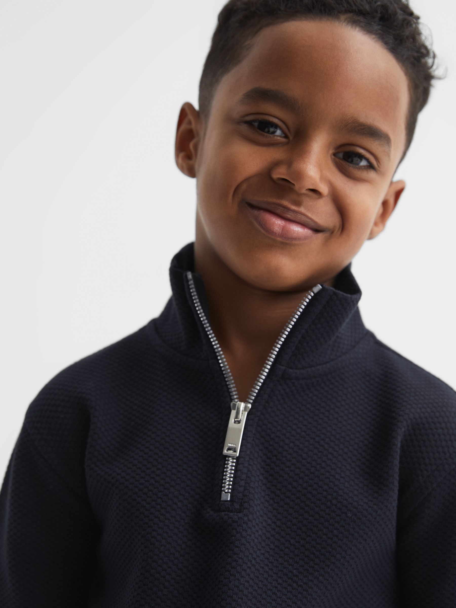 Junior Textured Half-Zip Funnel Neck Top in Navy - Image 4 of 6