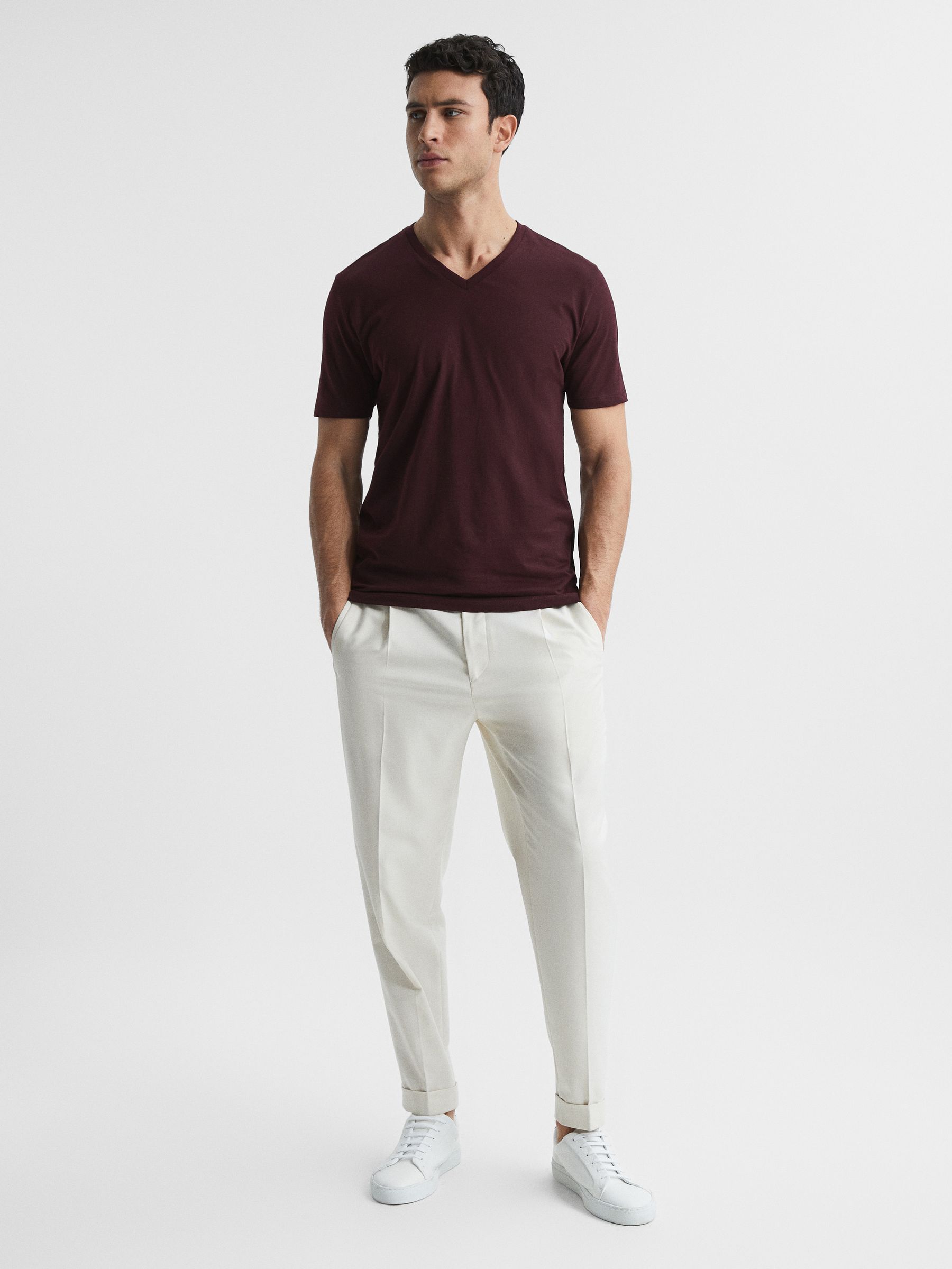 Cotton V-Neck T-Shirt in Bordeaux - Image 3 of 6
