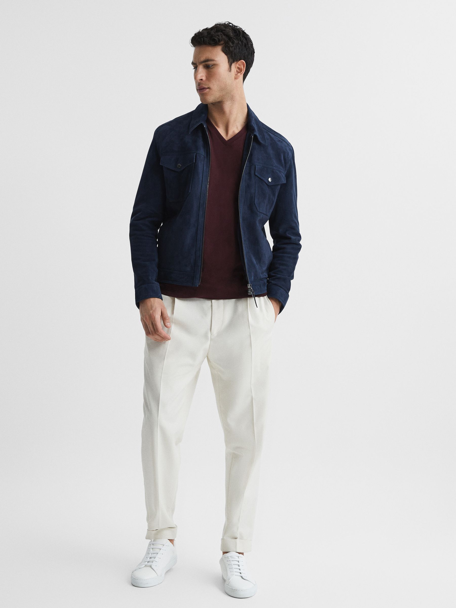 Cotton V-Neck T-Shirt in Bordeaux - Image 6 of 6