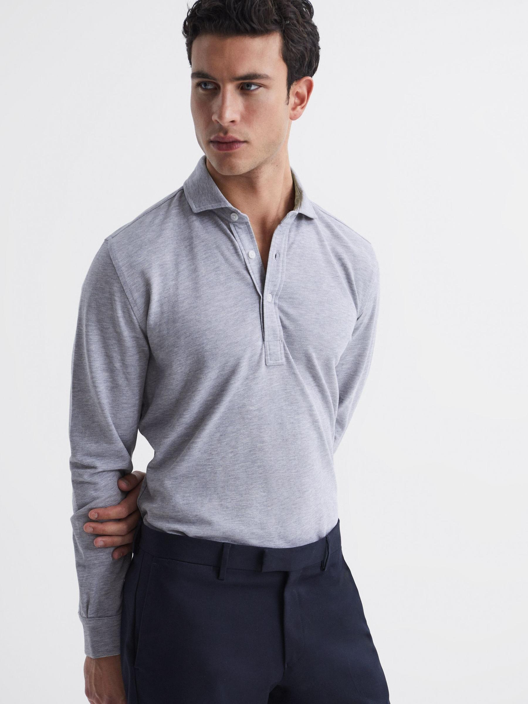 Slim Fit Pique Cotton Shirt in Grey Melange - Image 1 of 6