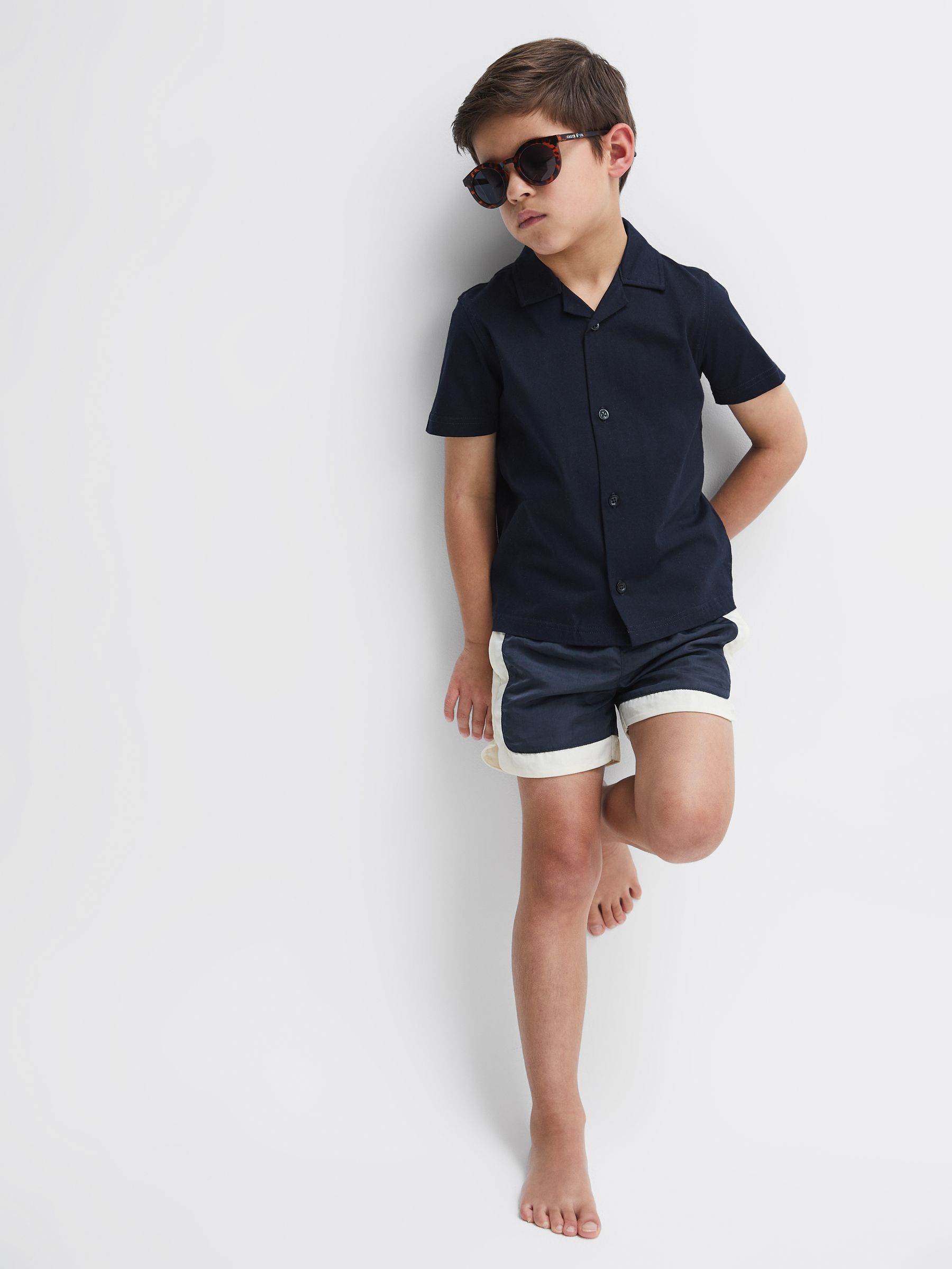 Junior Drawstring Contrast Swim Shorts in Navy/Ecru - Image 1 of 7