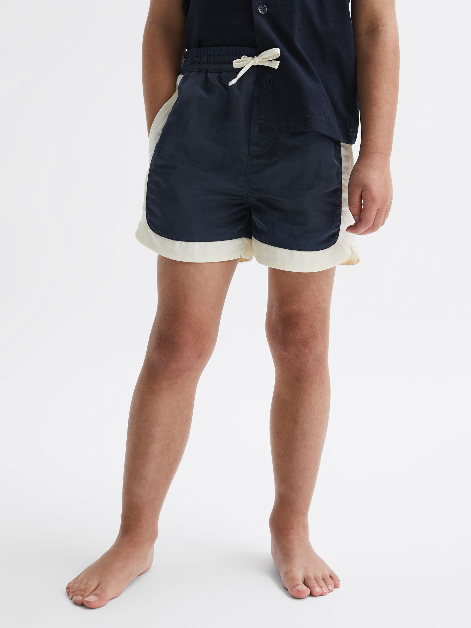 Junior Drawstring Contrast Swim Shorts in Navy/Ecru - Image 3 of 7