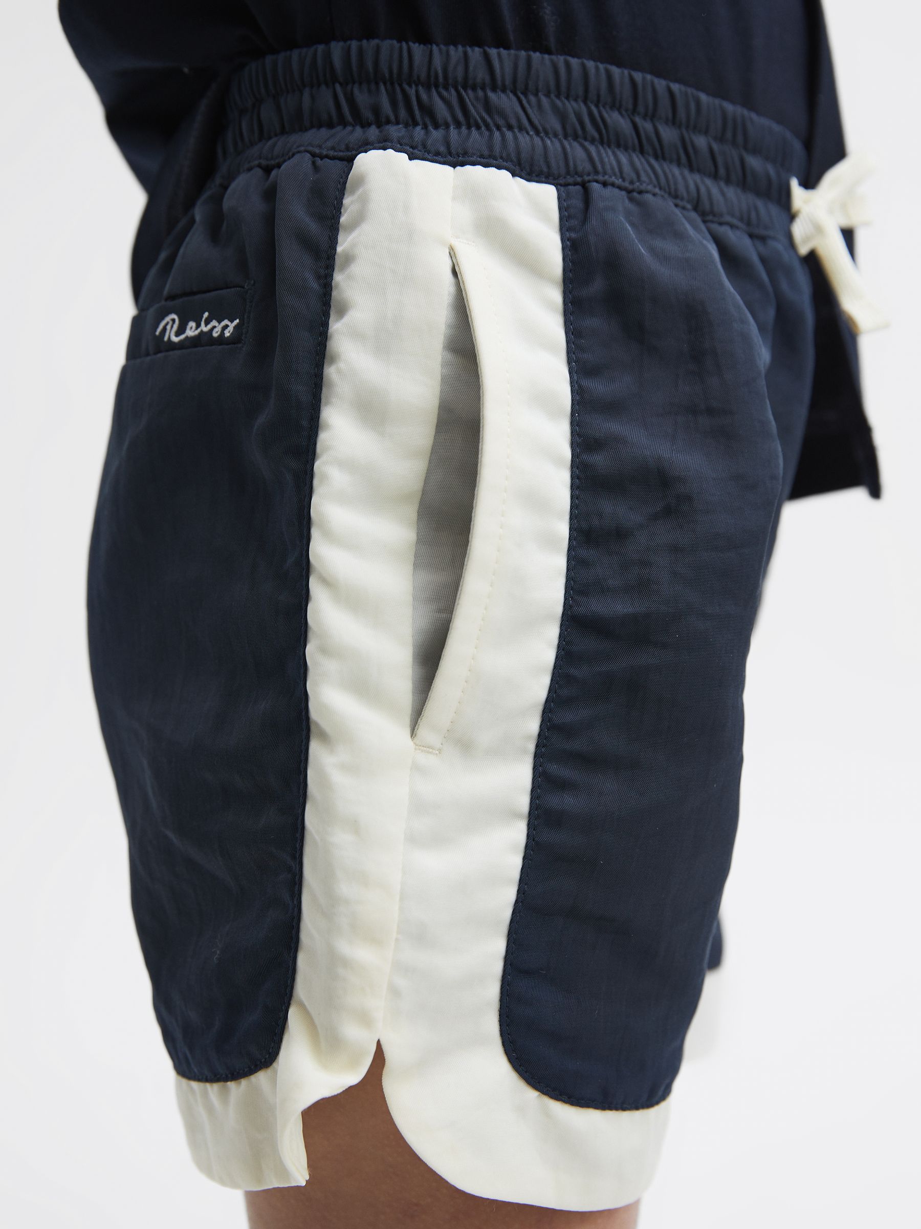 Junior Drawstring Contrast Swim Shorts in Navy/Ecru - Image 4 of 7