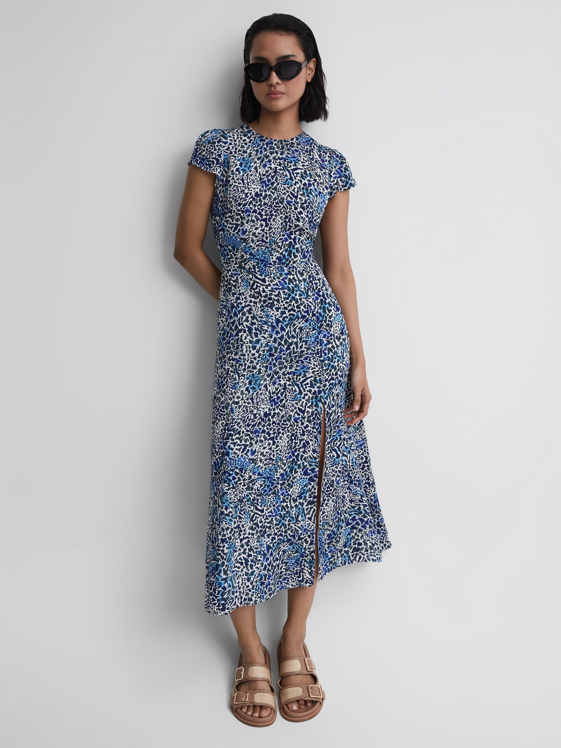 Printed Cut Out Back Midi Dress in Blue - Image 1 of 7