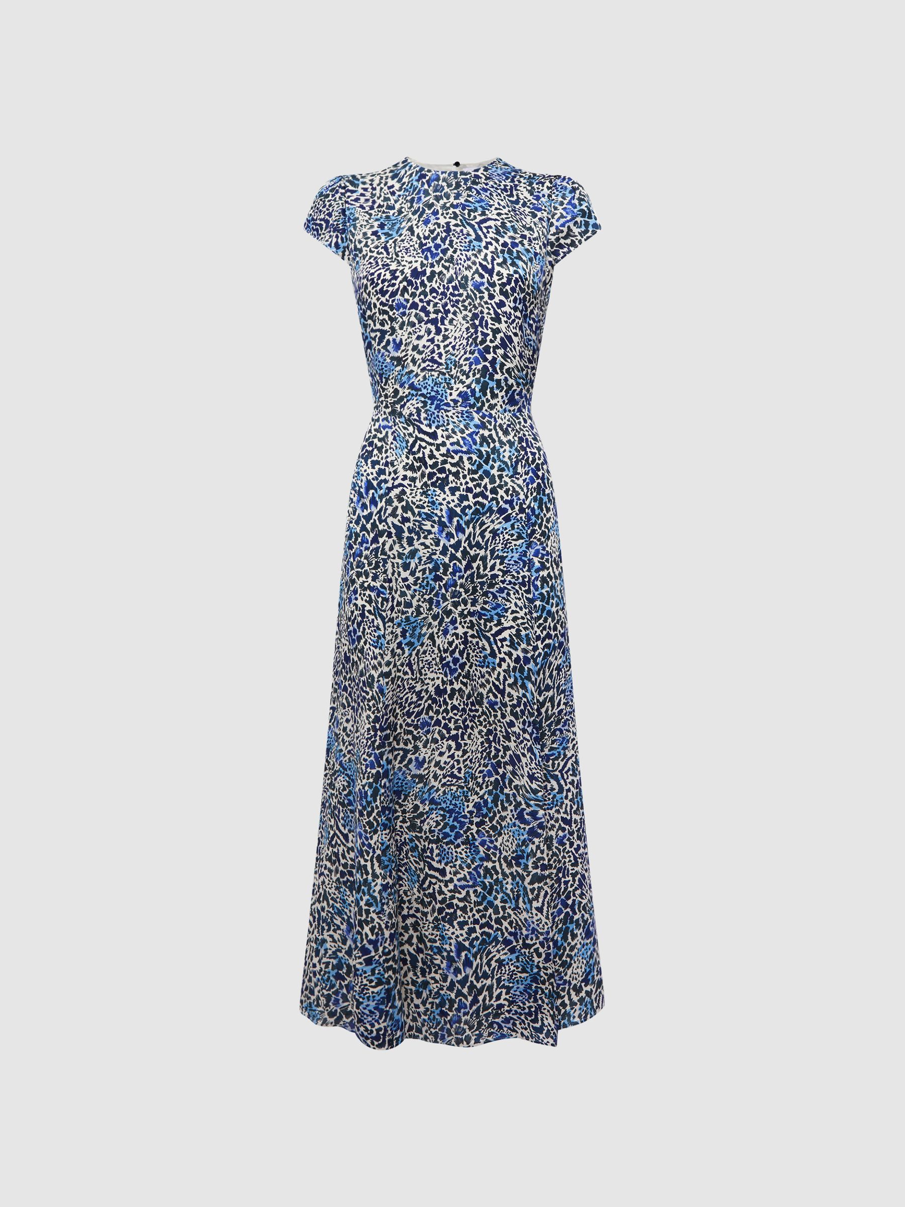 Printed Cut Out Back Midi Dress in Blue - Image 2 of 7 Printed Cut Out Back Midi Dress in Blue - Image 2 of 7