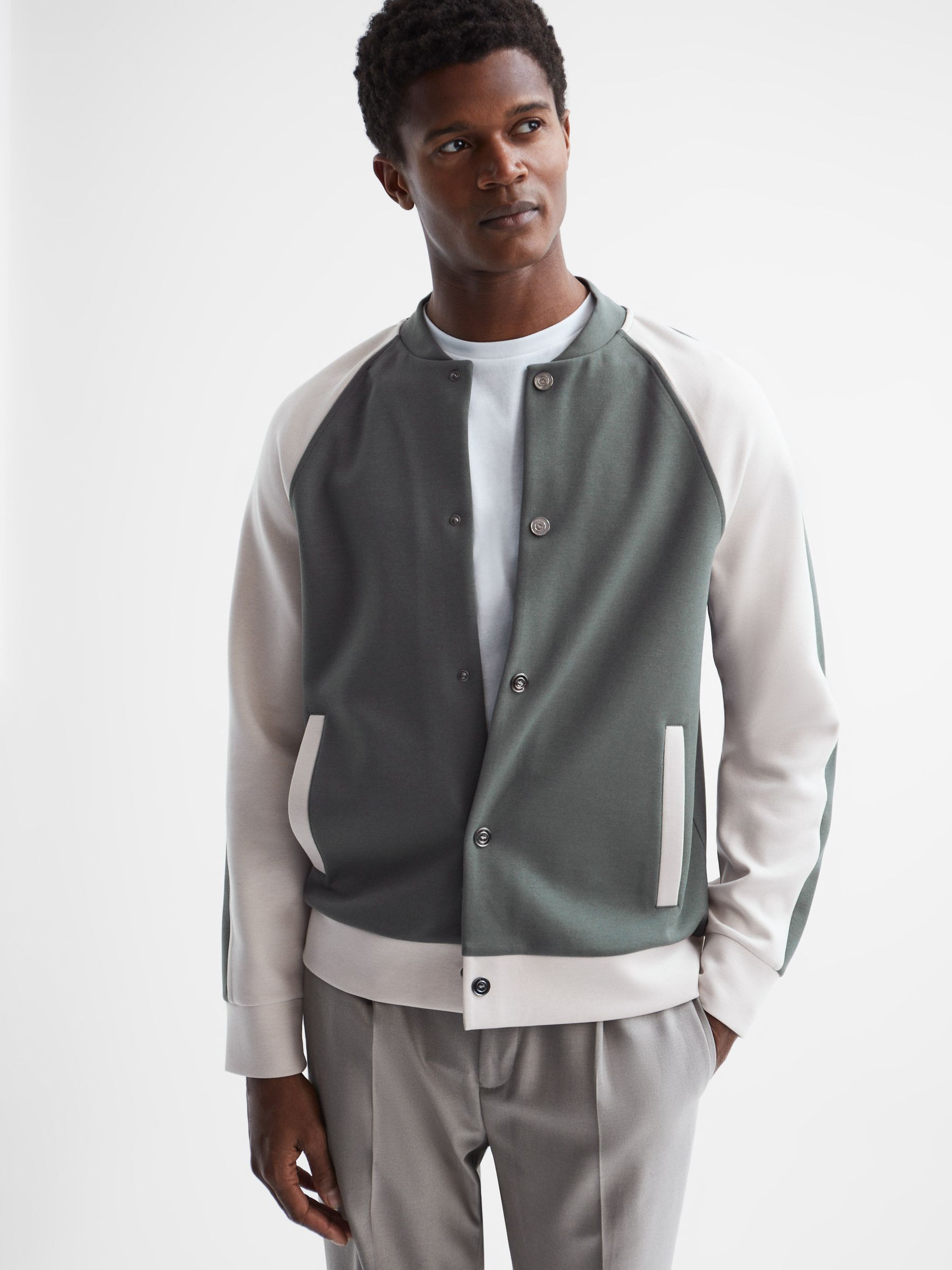 Long Sleeve Interlock Bomber Jacket in Light Khaki/Ecru - Image 1 of 7