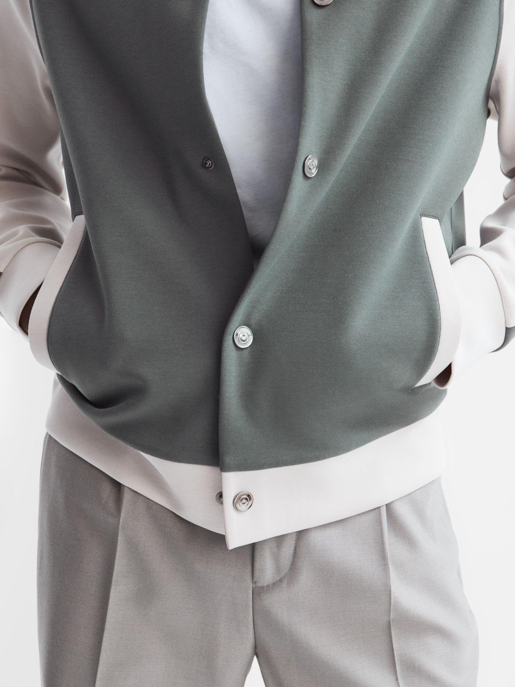 Long Sleeve Interlock Bomber Jacket in Light Khaki/Ecru - Image 6 of 7