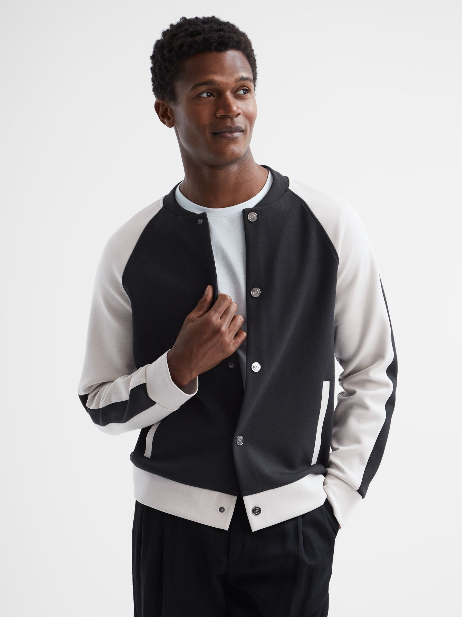 Reiss Long Sleeve Interlock Bomber Jacket in Navy/Ecru REISS