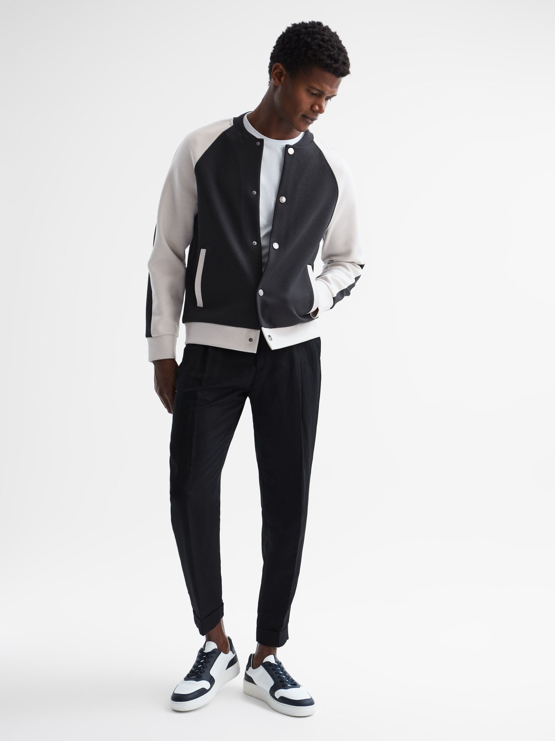 Long Sleeve Interlock Bomber Jacket in Navy/Ecru - Image 3 of 6