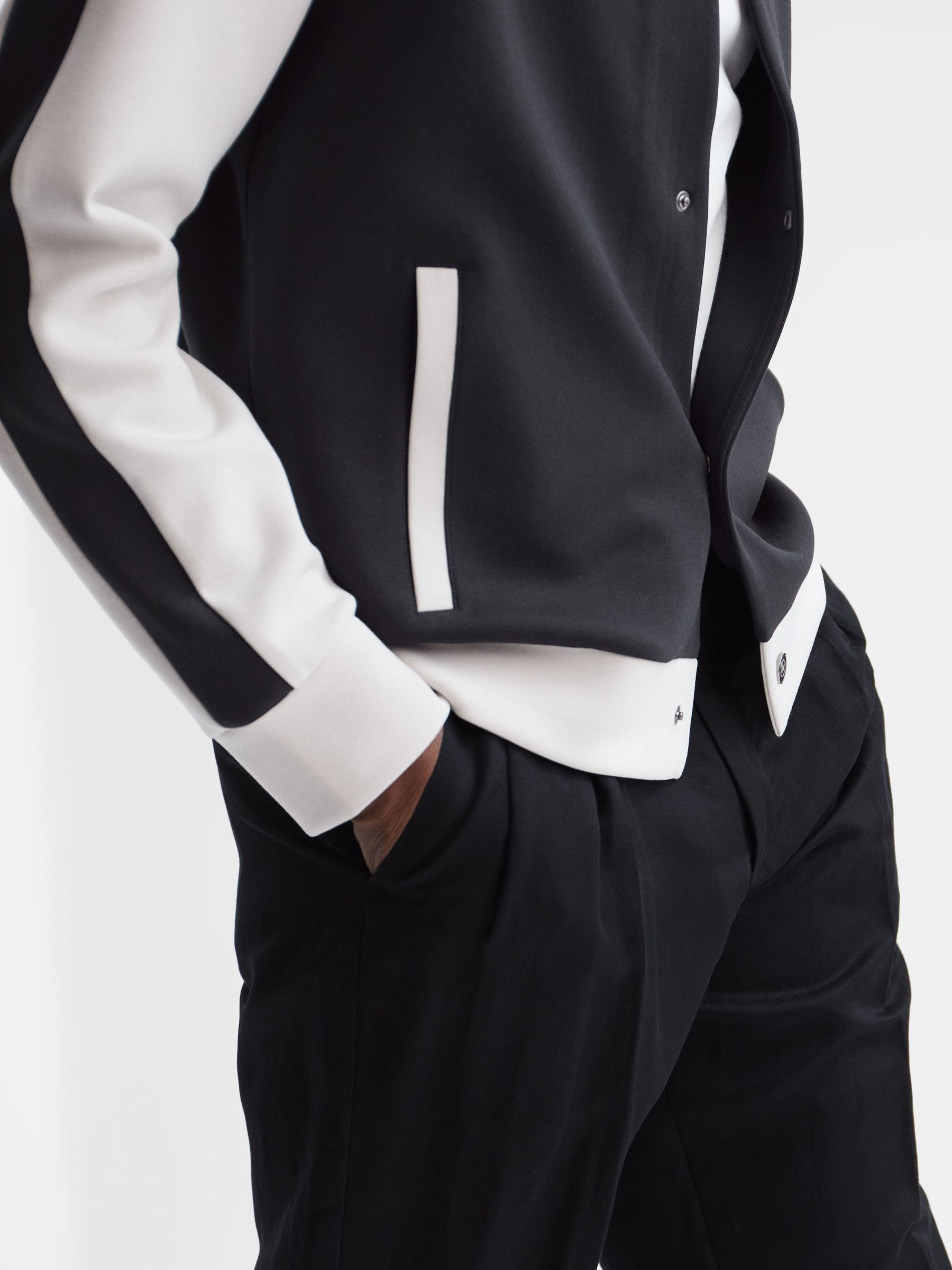 Long Sleeve Interlock Bomber Jacket in Navy/Ecru - Image 4 of 6