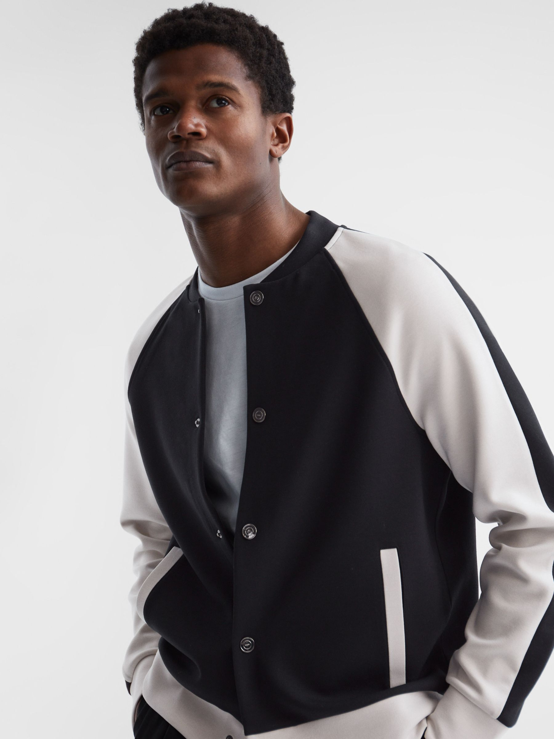 Long Sleeve Interlock Bomber Jacket in Navy/Ecru - Image 6 of 6