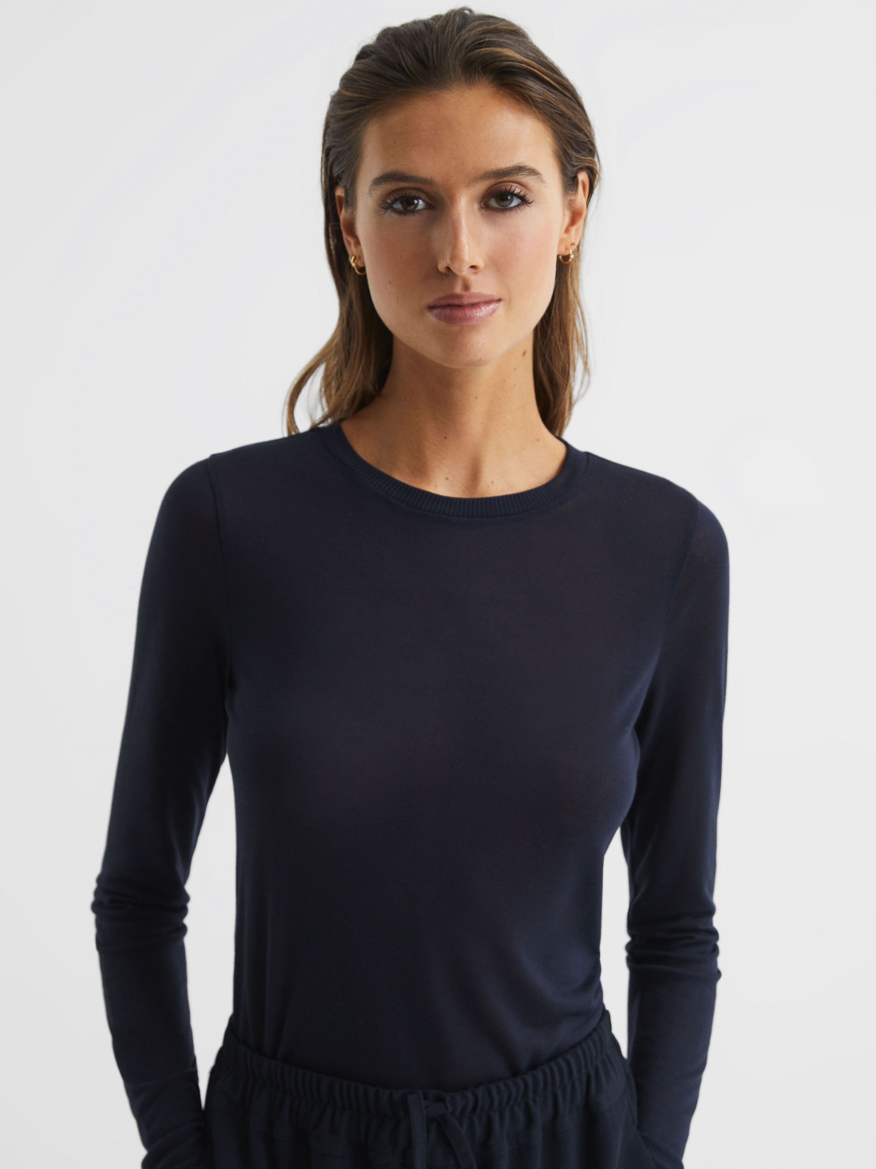 Long Sleeve Crew Neck Top in Navy - Image 4 of 7