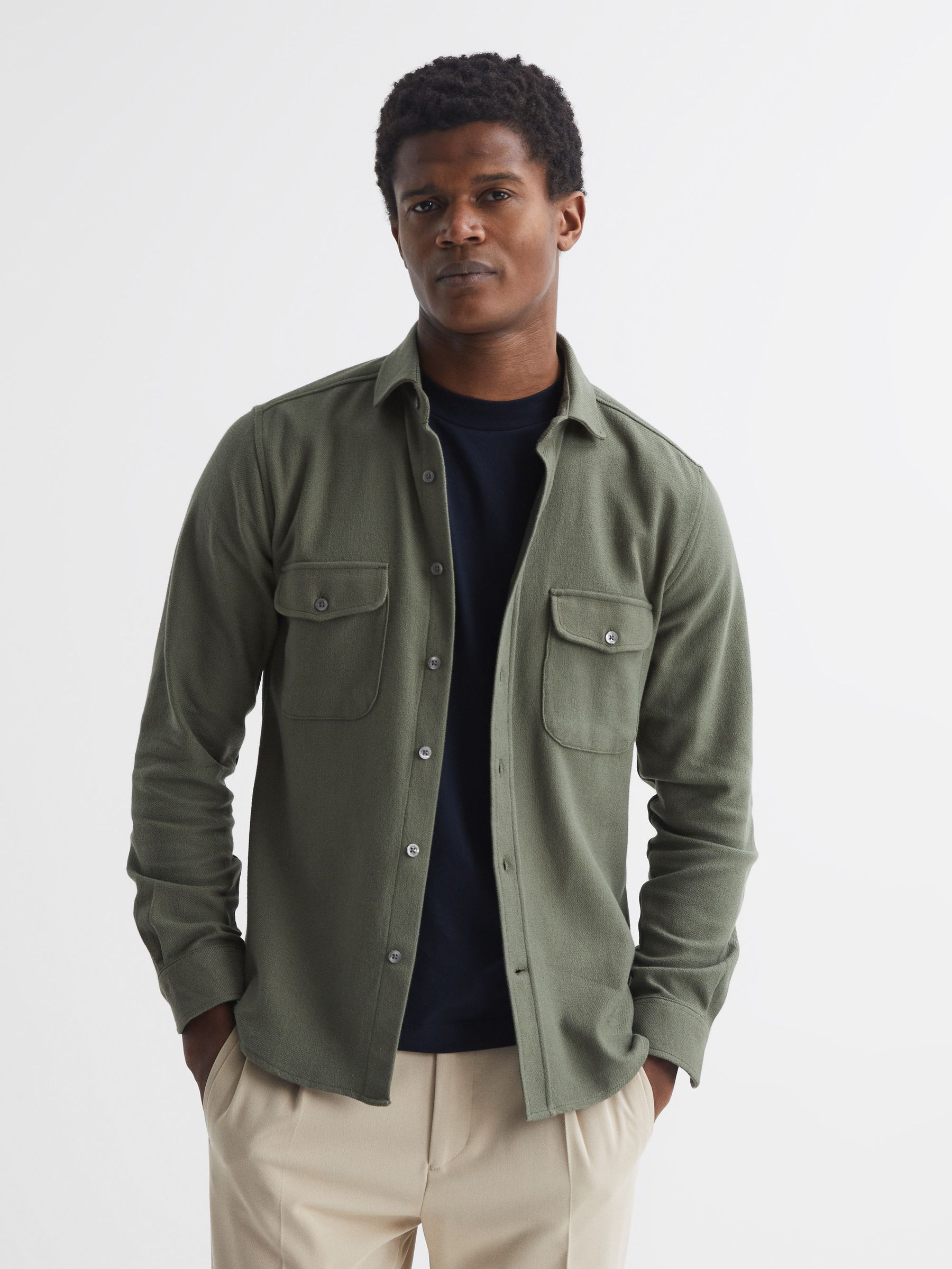 Textured Twin Pocket Overshirt in Khaki - Image 1 of 6