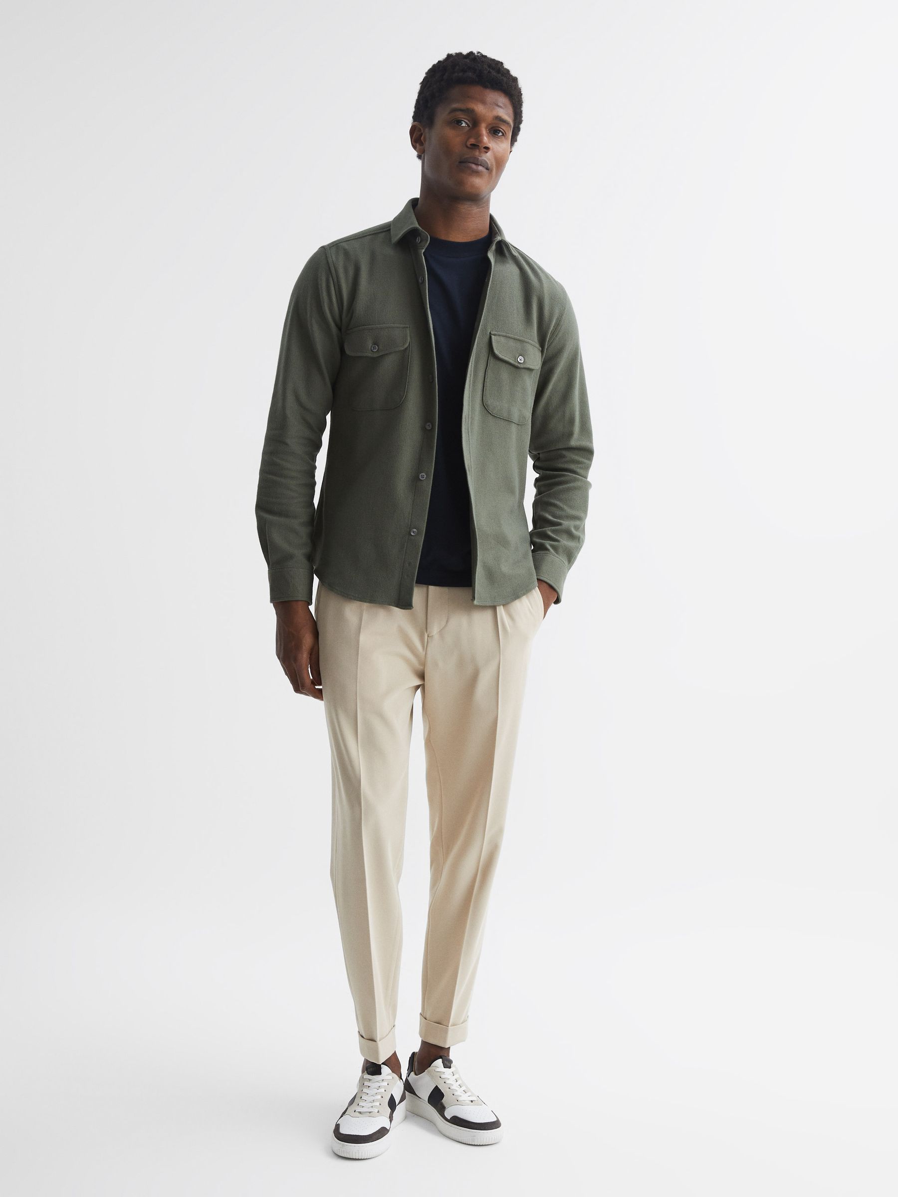 Textured Twin Pocket Overshirt in Khaki - Image 3 of 6