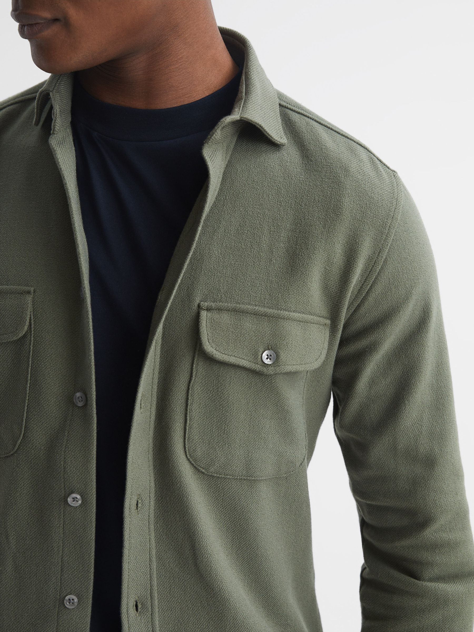 Textured Twin Pocket Overshirt in Khaki - Image 4 of 6
