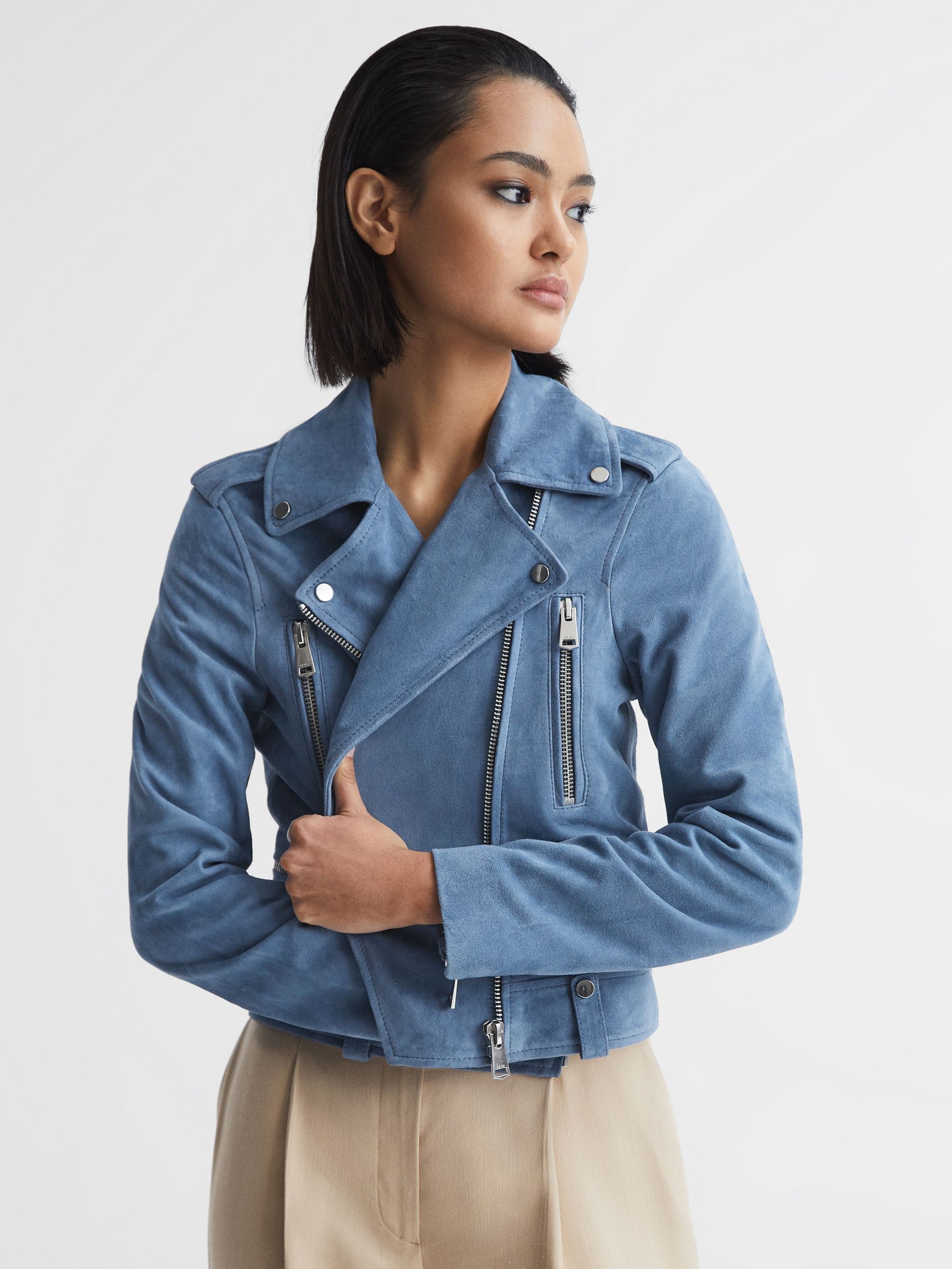 Suede Biker Jacket in Blue - Image 1 of 6