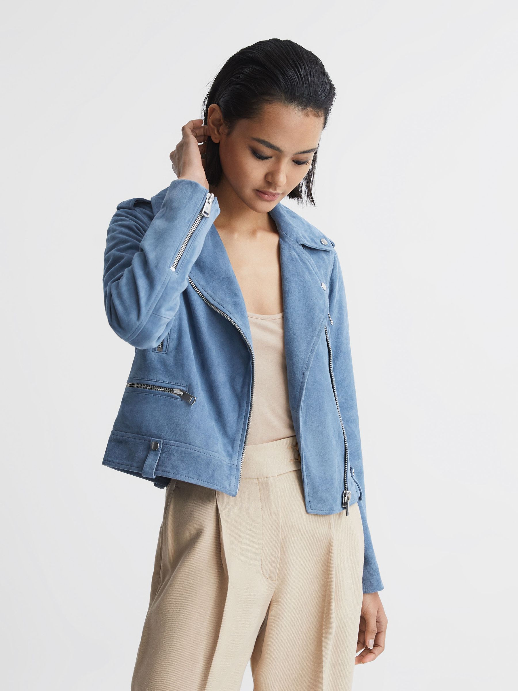 Suede Biker Jacket in Blue - Image 6 of 6