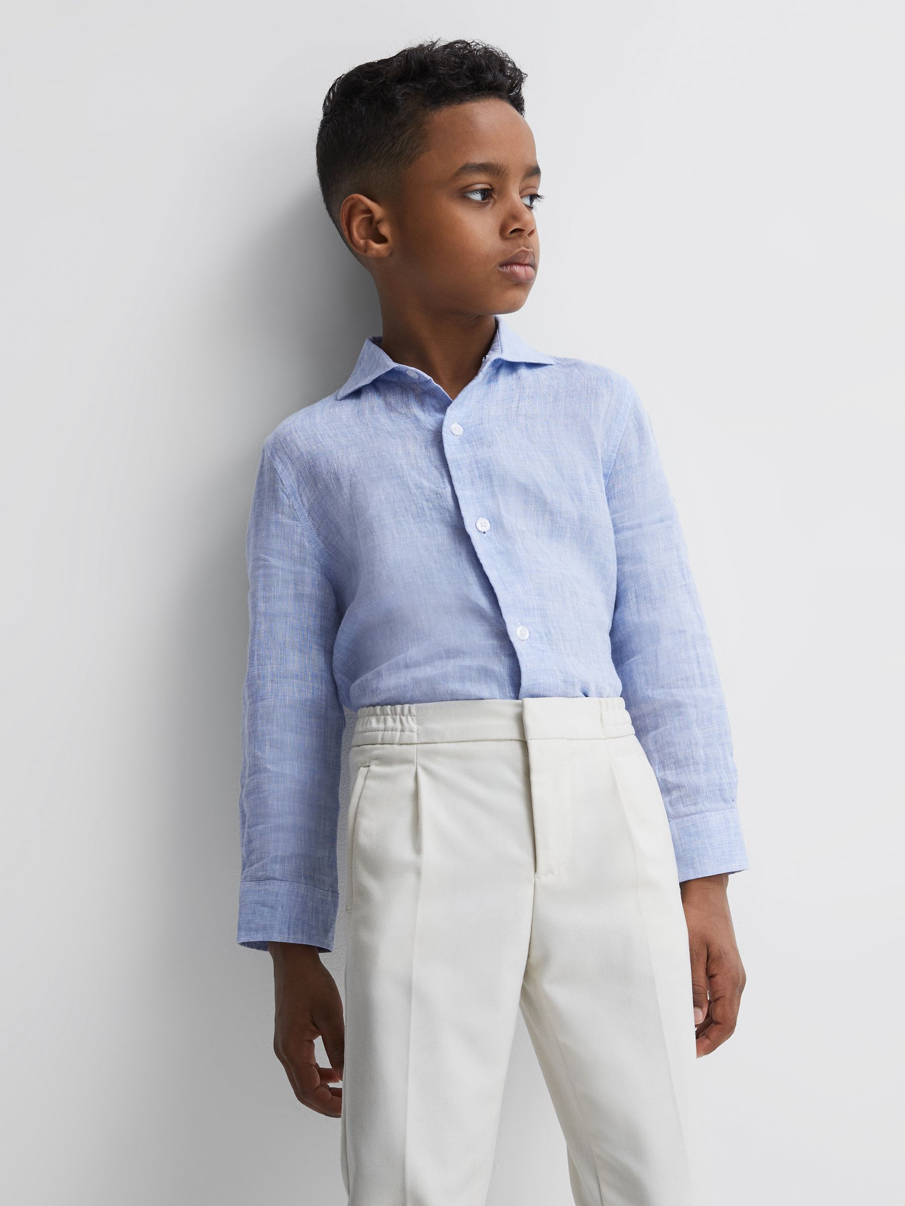 Junior Linen Cutaway Collar Shirt in Soft Blue - Image 1 of 7 Junior Linen Cutaway Collar Shirt in Soft Blue - Image 1 of 7