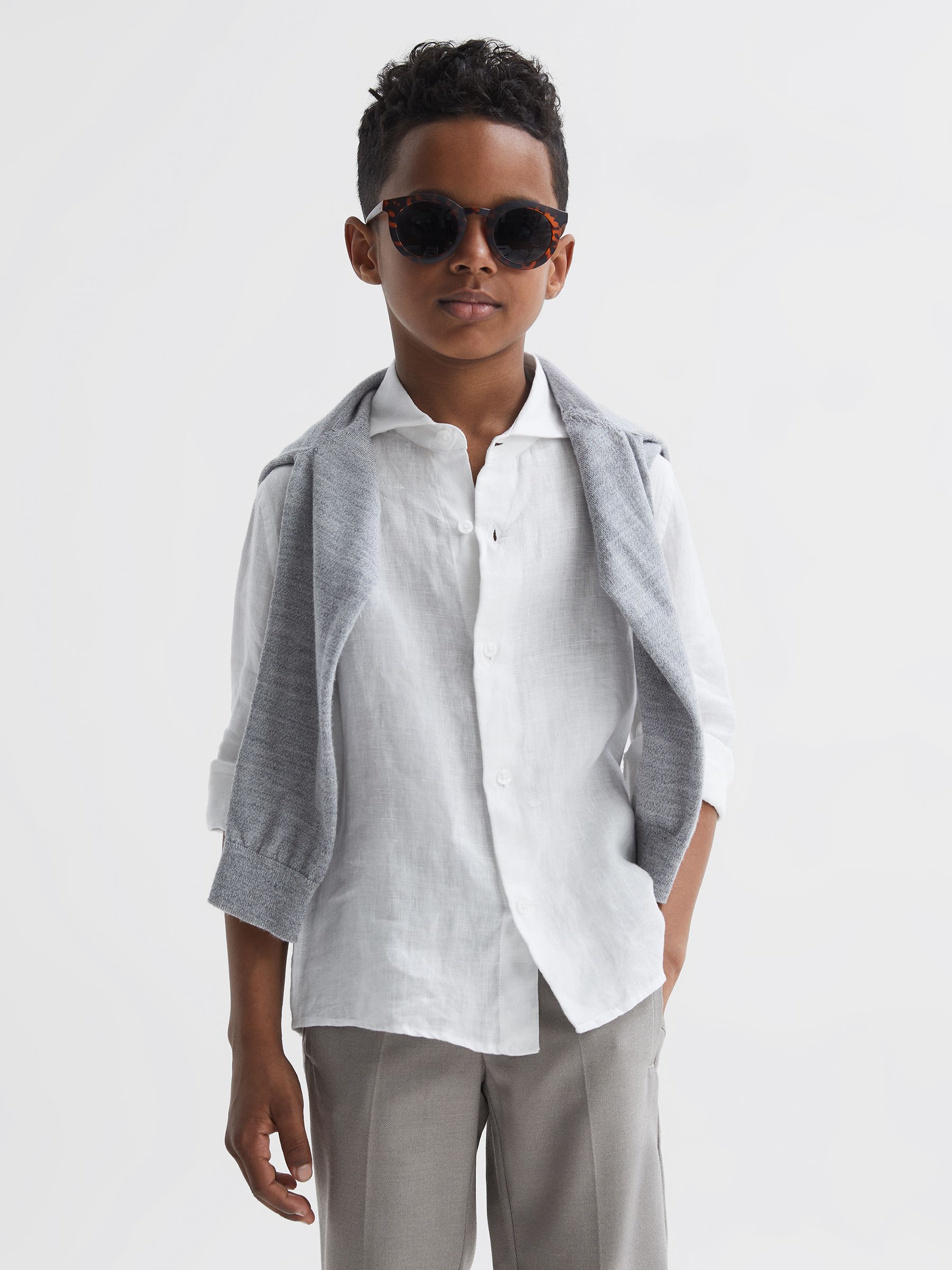 3-9 yrs Linen Cutaway Collar Shirt in White - Image 1 of 6 3-9 yrs Linen Cutaway Collar Shirt in White - Image 1 of 6