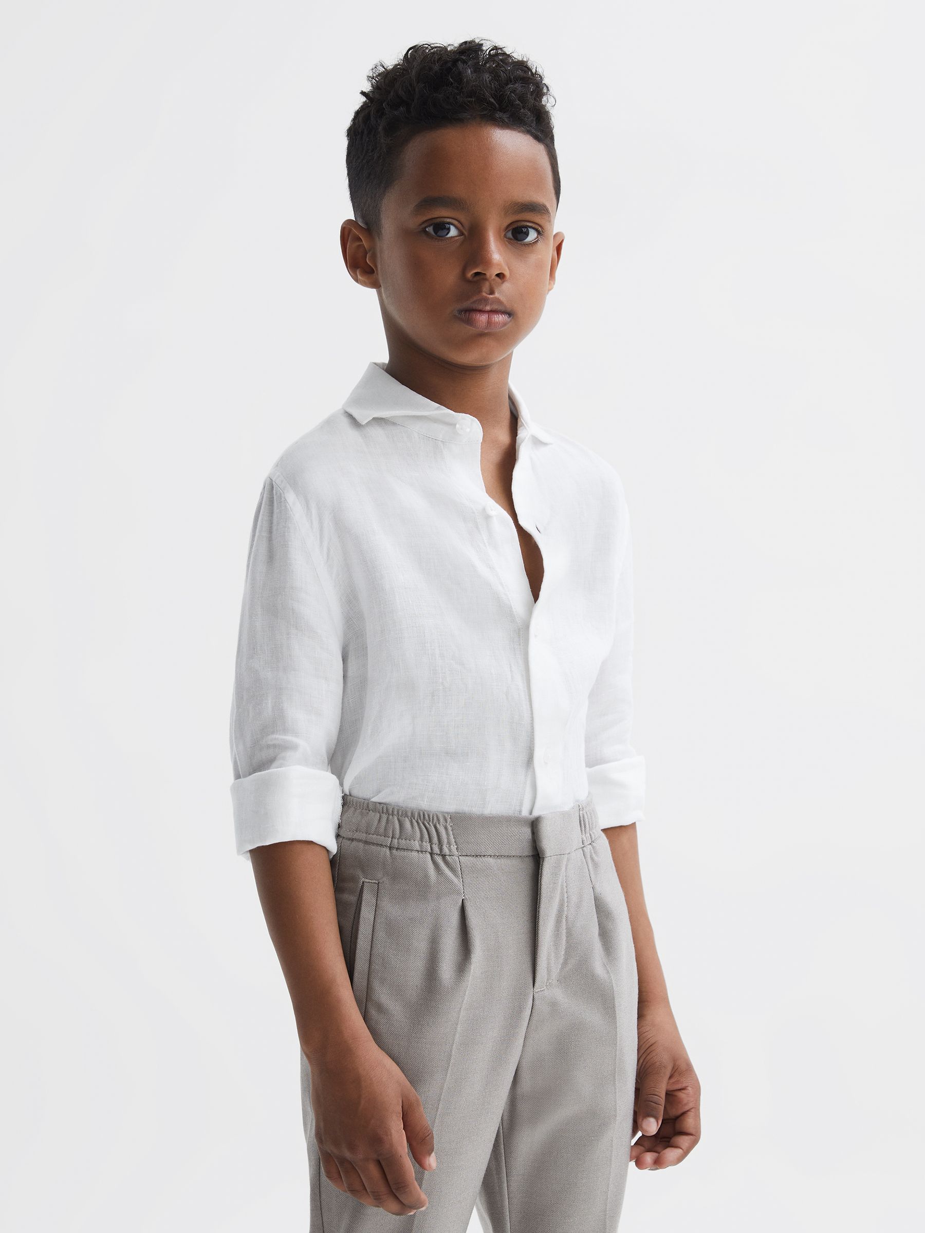 3-9 yrs Linen Cutaway Collar Shirt in White - Image 4 of 6