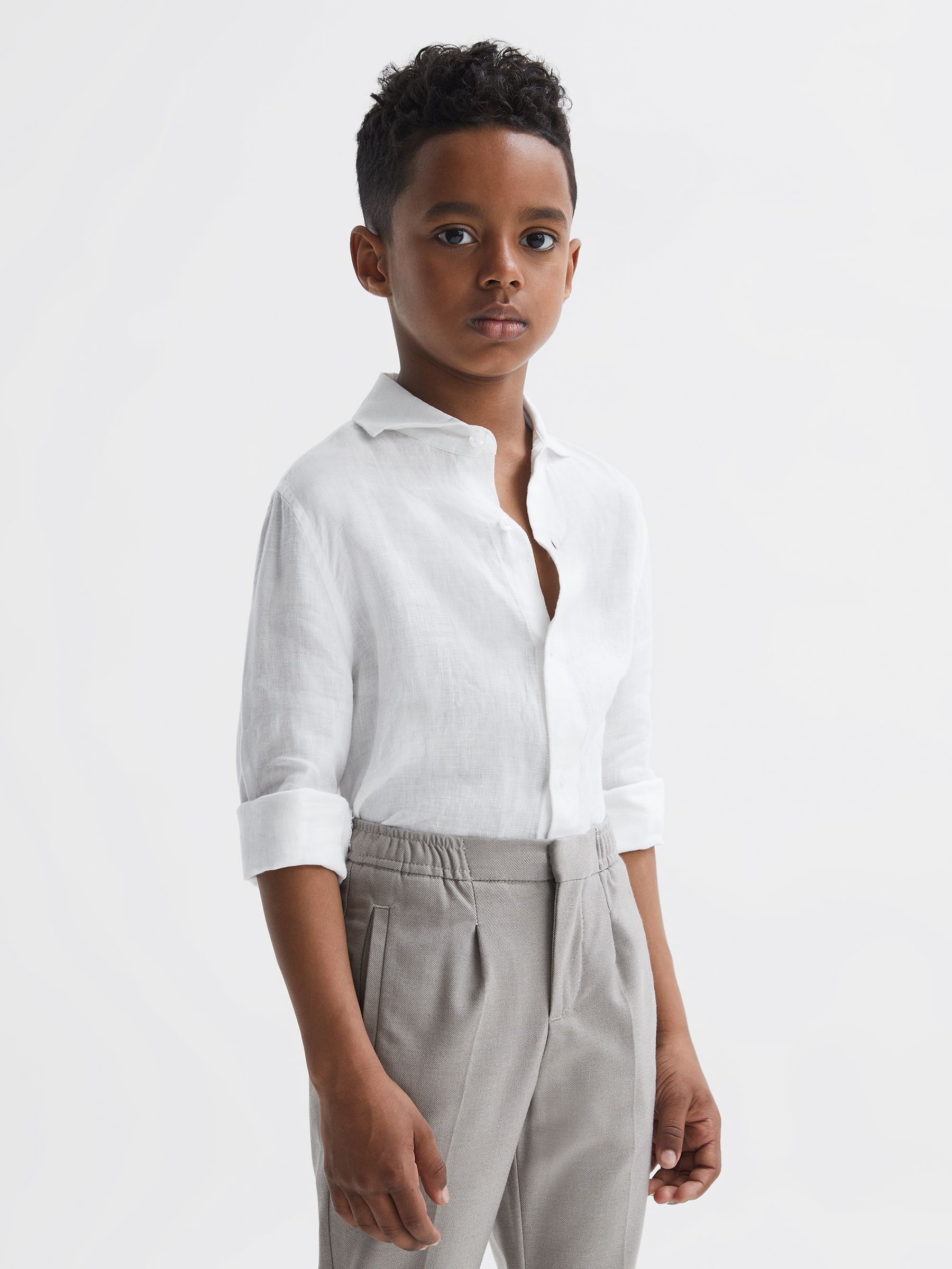 Linen Cutaway Collar Shirt in White - Image 1 of 6