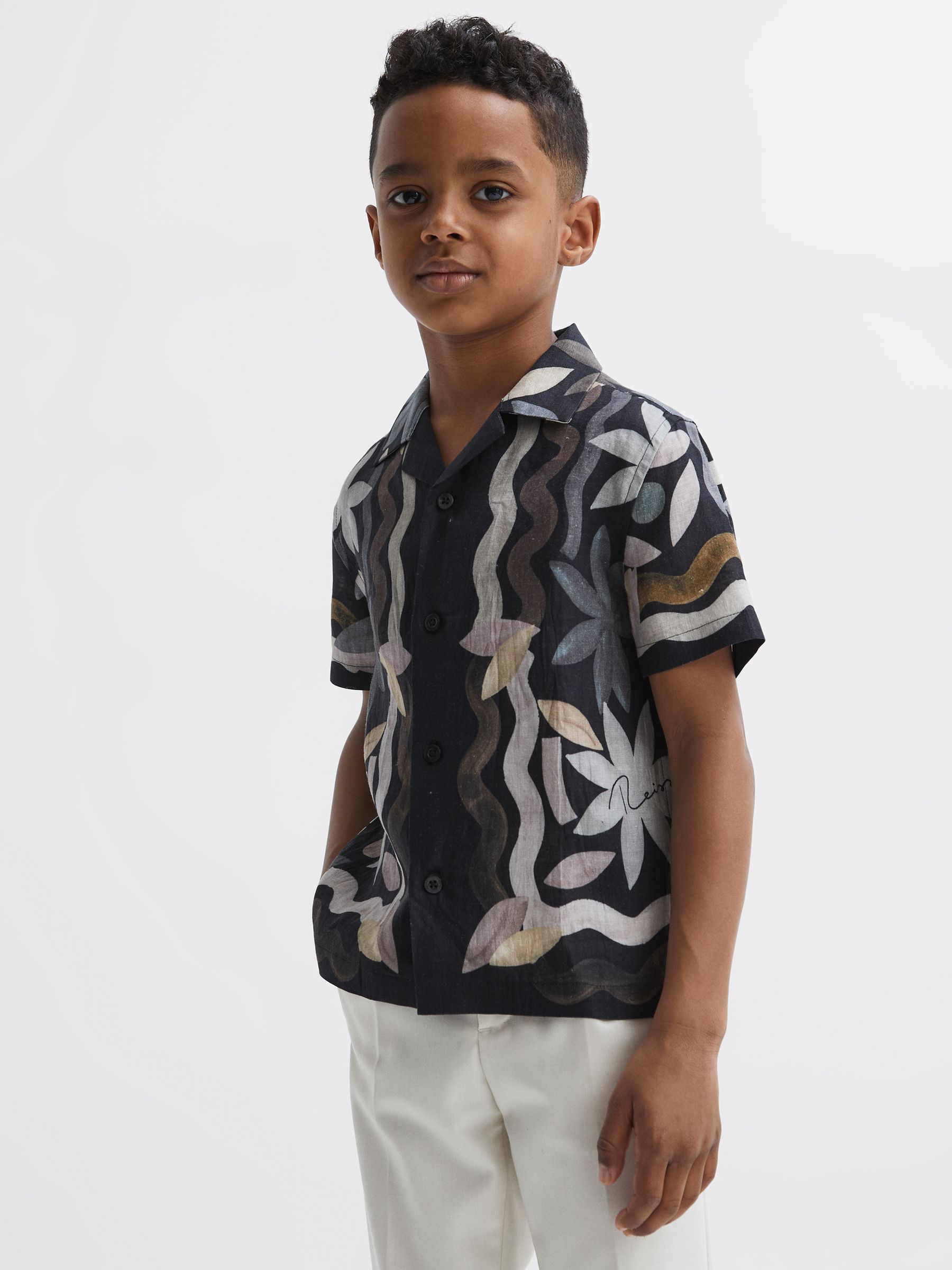 Junior Linen Floral Cuban Collar Shirt in Black - Image 1 of 6