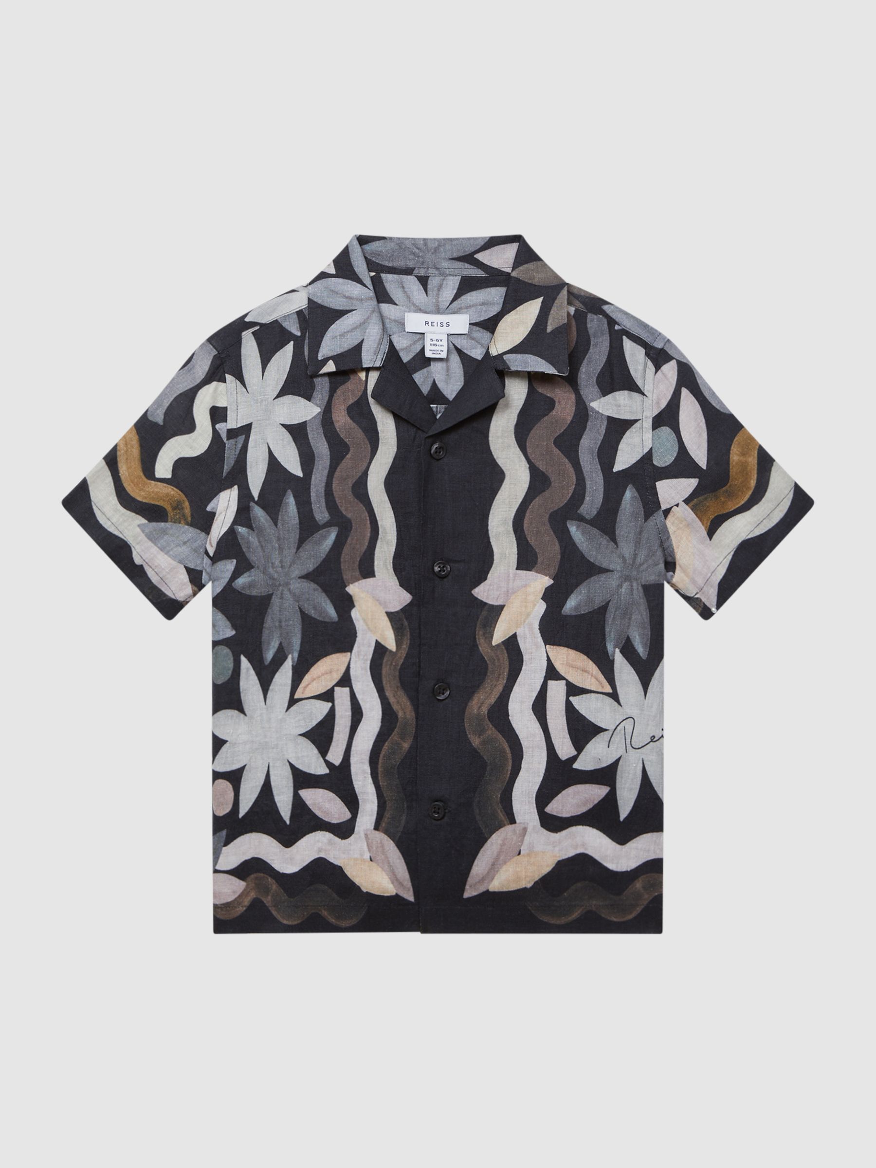 Junior Linen Floral Cuban Collar Shirt in Black - Image 2 of 6