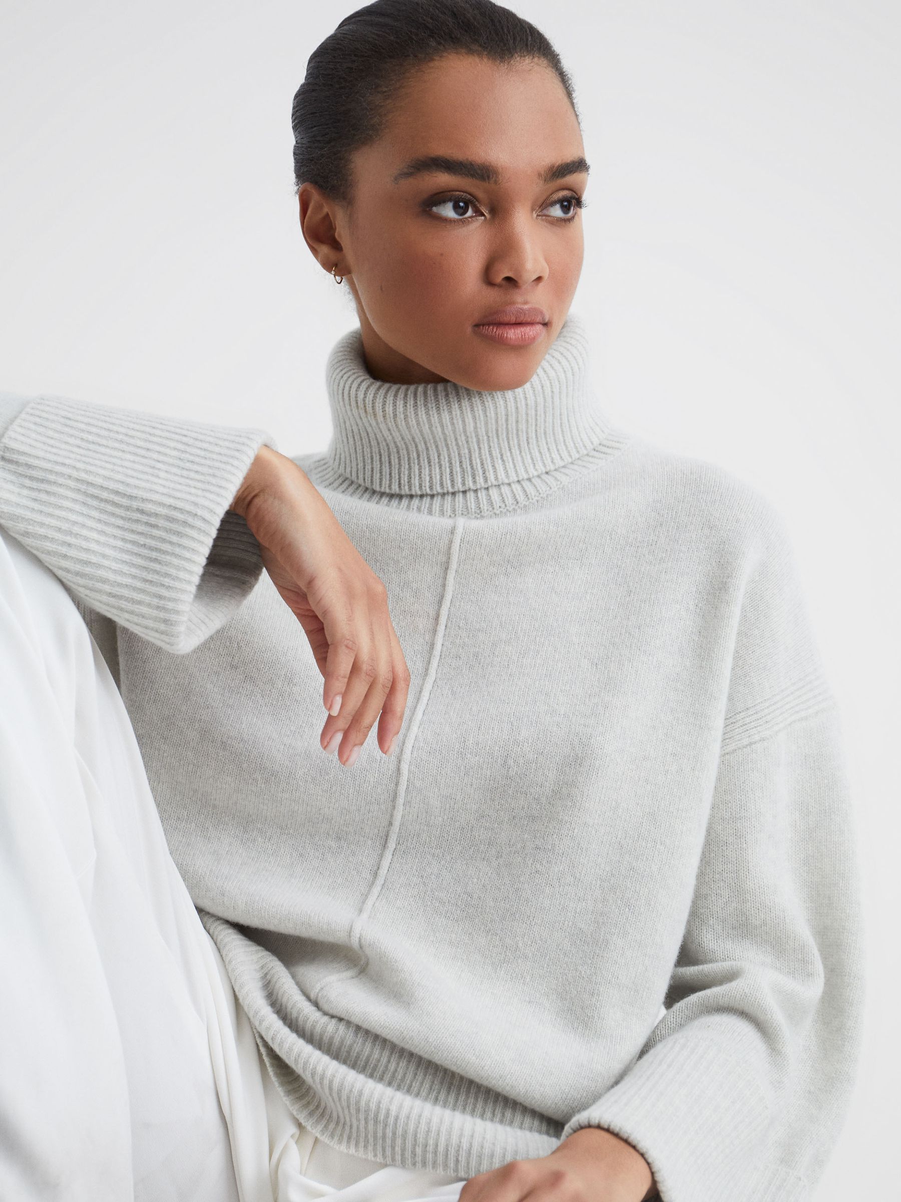 Wool-Cashmere Roll Neck Jumper in Grey Marl - Image 1 of 6 Wool-Cashmere Roll Neck Jumper in Grey Marl - Image 1 of 6