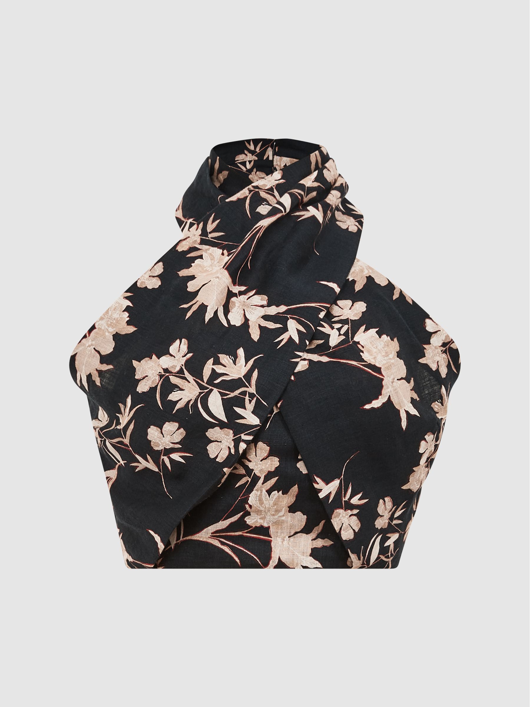 Ally Black/Blush Printed 100% Linen Halter Neck Cropped Top - Image 2 of 6