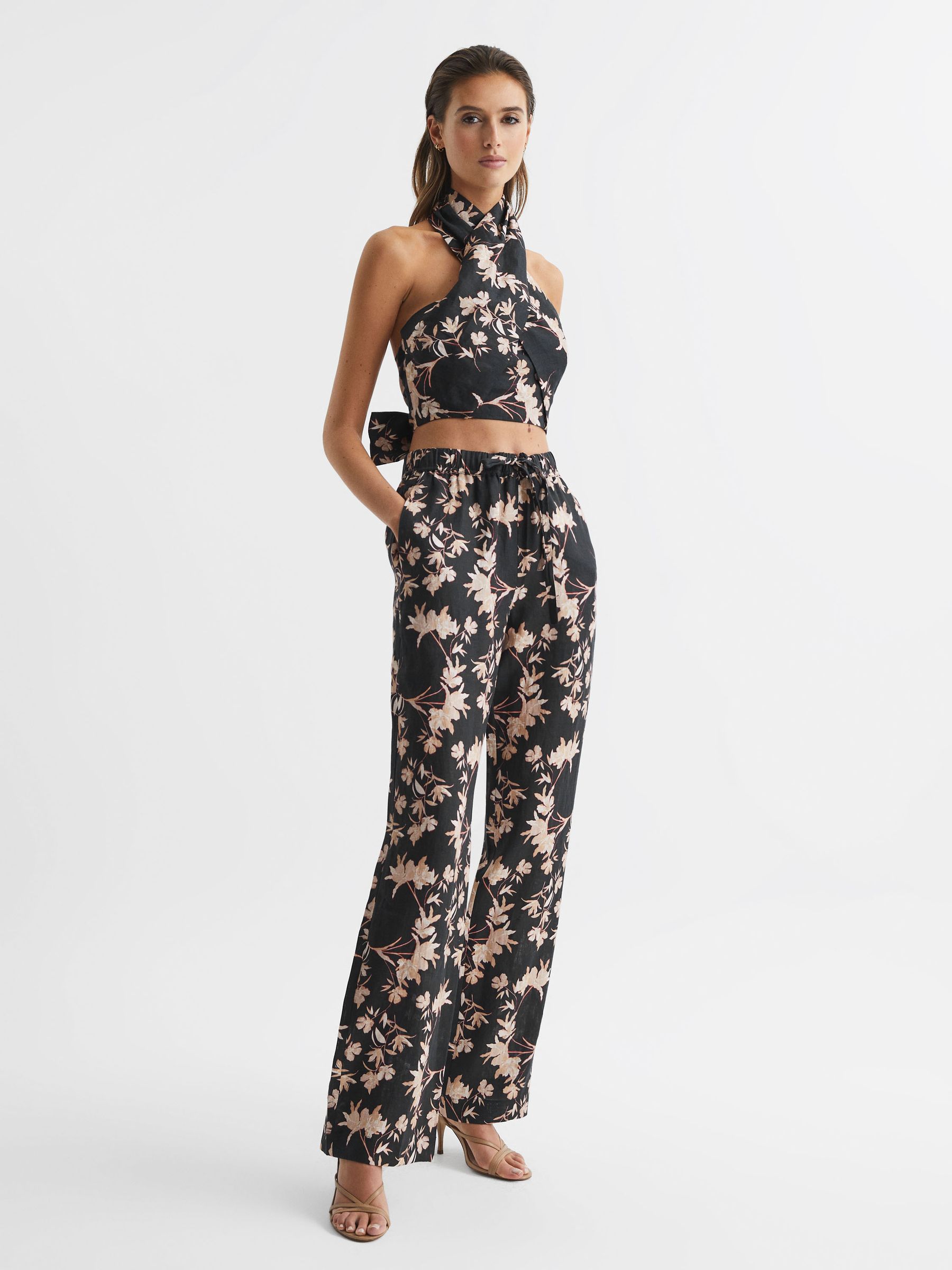 Ally Black/Blush Printed 100% Linen Halter Neck Cropped Top - Image 3 of 6