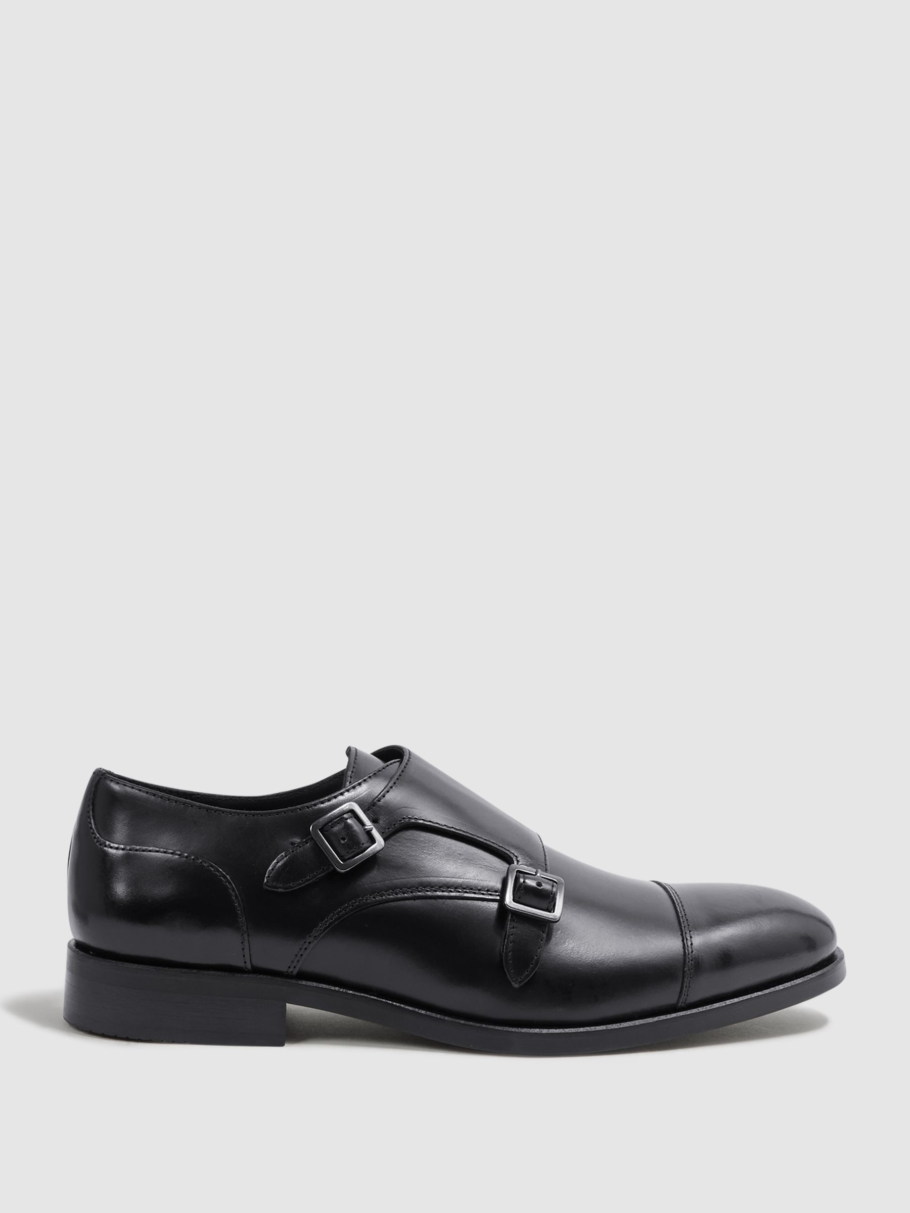 Leather Monk Strap Shoes in Black/Gunmetal - Image 1 of 6