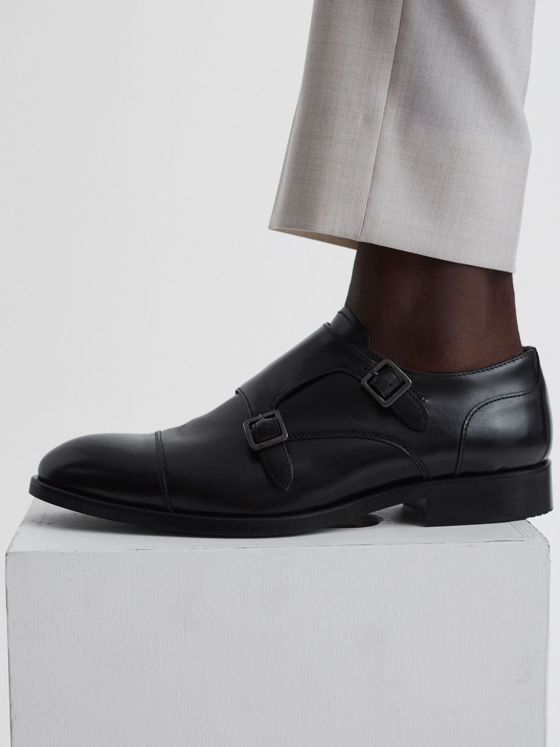 Leather Monk Strap Shoes in Black/Gunmetal - Image 2 of 6
