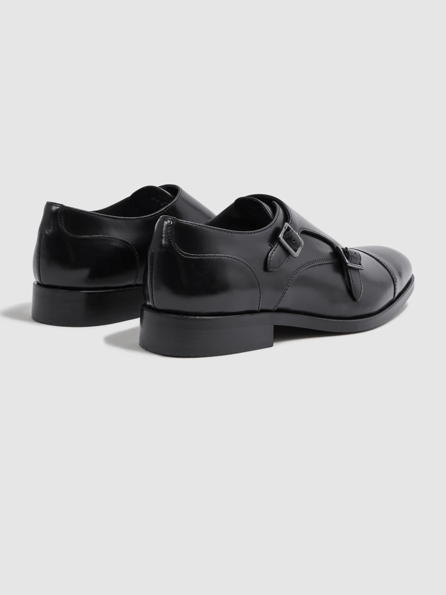 Leather Monk Strap Shoes in Black/Gunmetal - Image 5 of 6