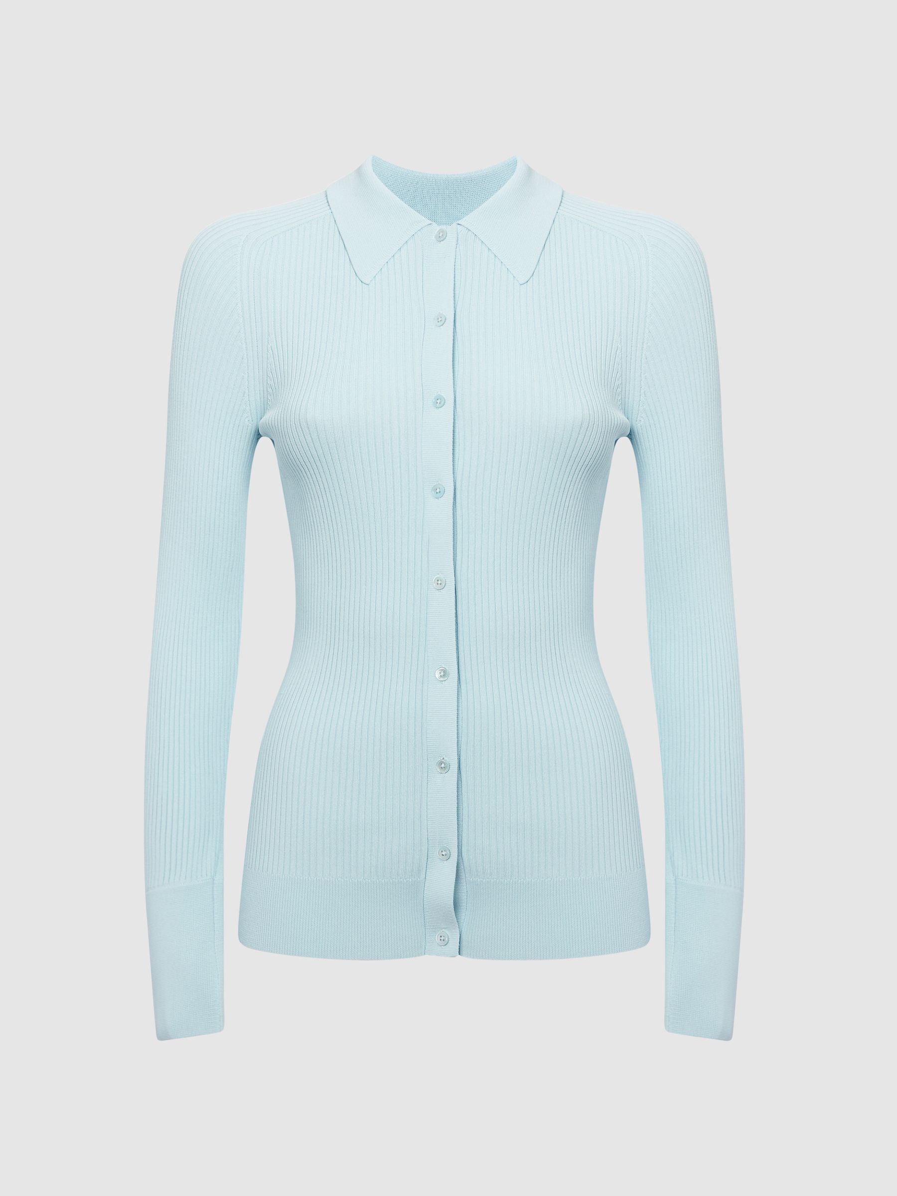 Ribbed Button Through Shirt in Light Blue - Image 2 of 7