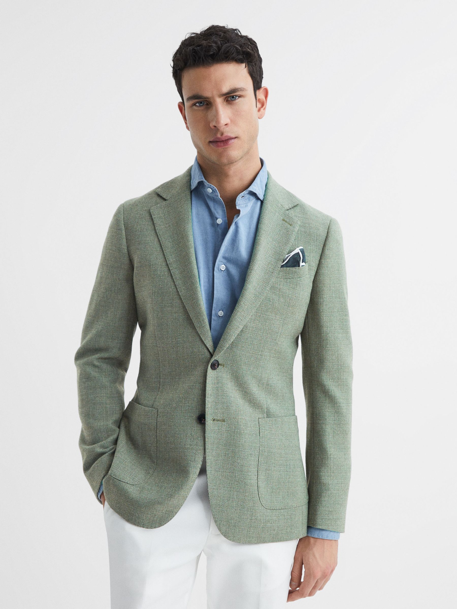 Slim Fit Textured Wool Blend Blazer in Sage - Image 1 of 9