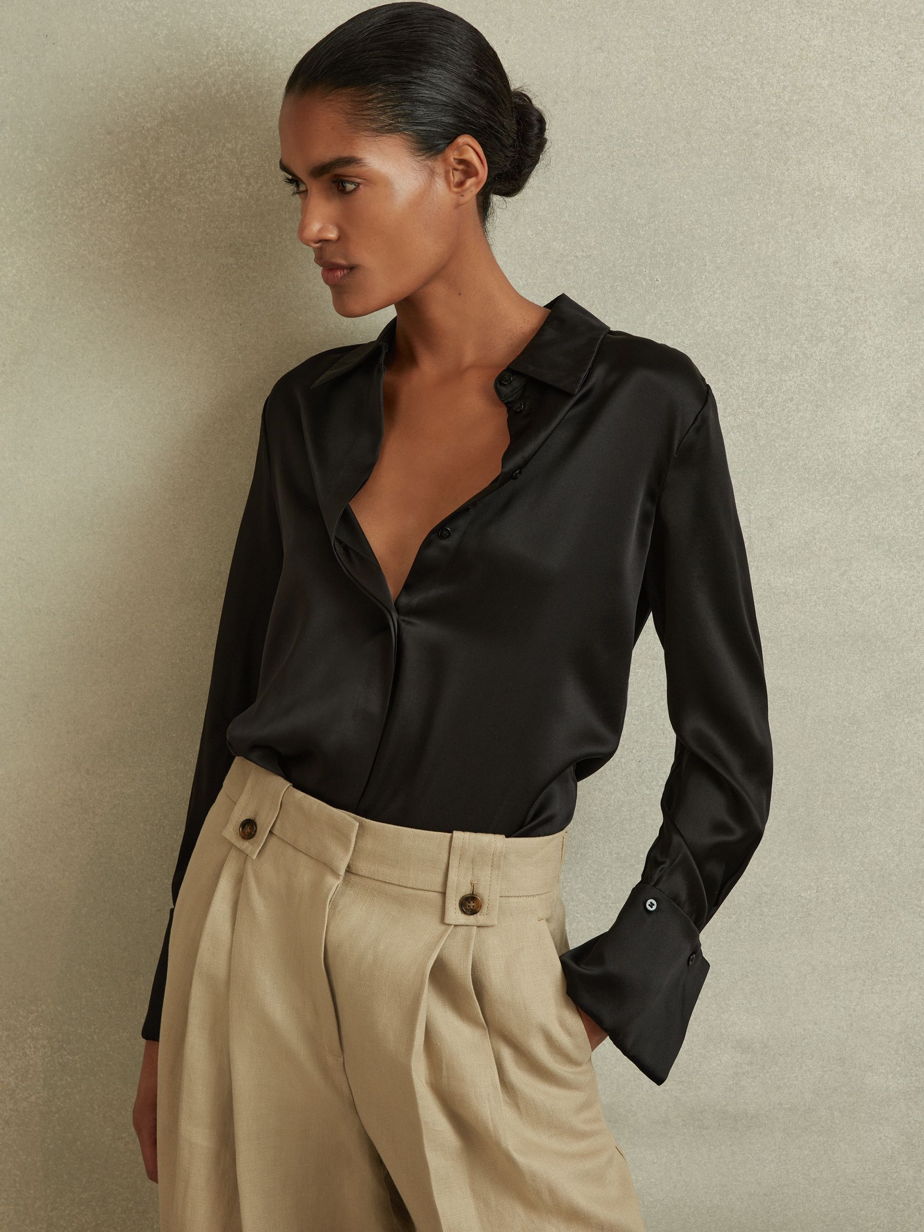 Petite Silk Double-Cuff Button-Through Shirt in Black - Image 1 of 7