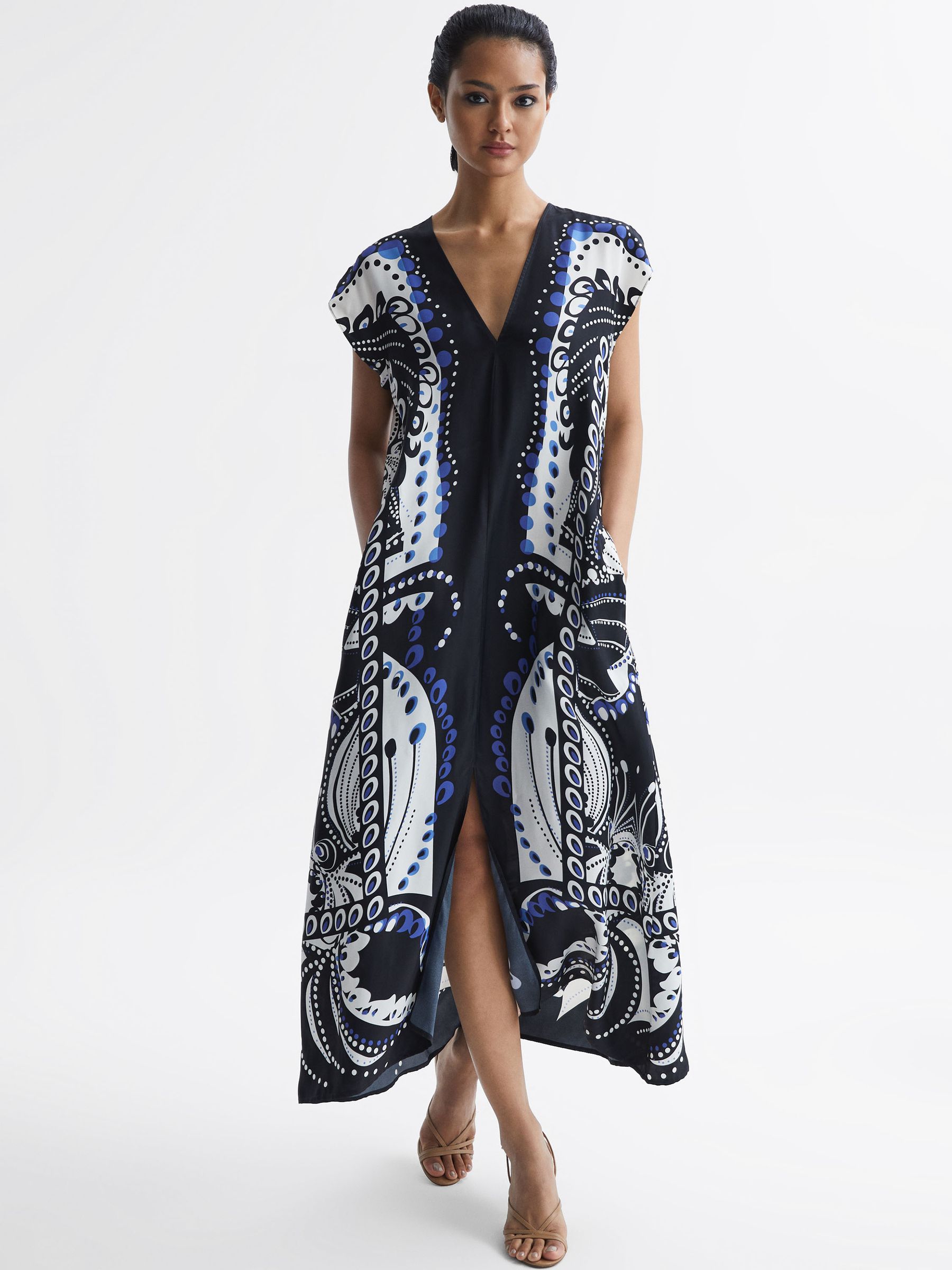 Petite Scarf Printed Midi Dress in Navy/White - Image 6 of 8