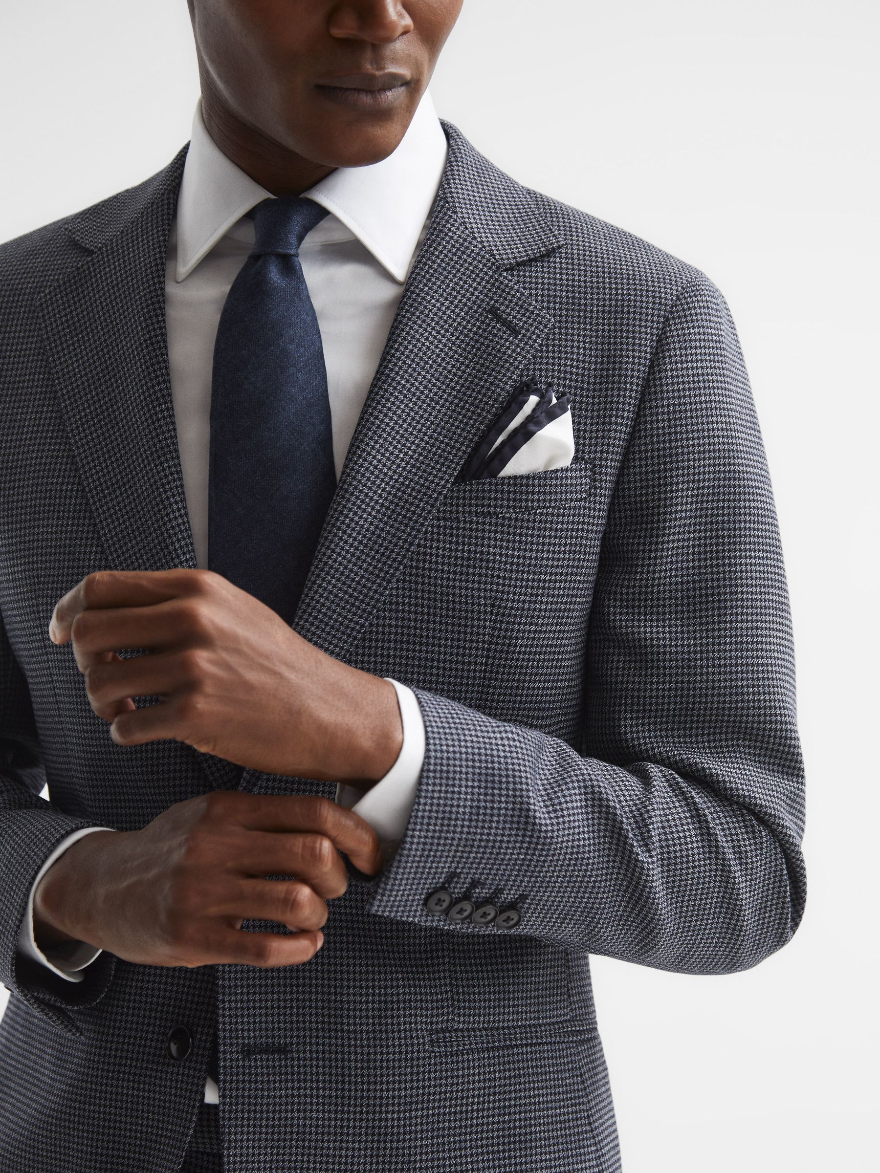 Leadenhall Navy Single Breasted Dogtooth Slim Fit Blazer - Image 6 of 8