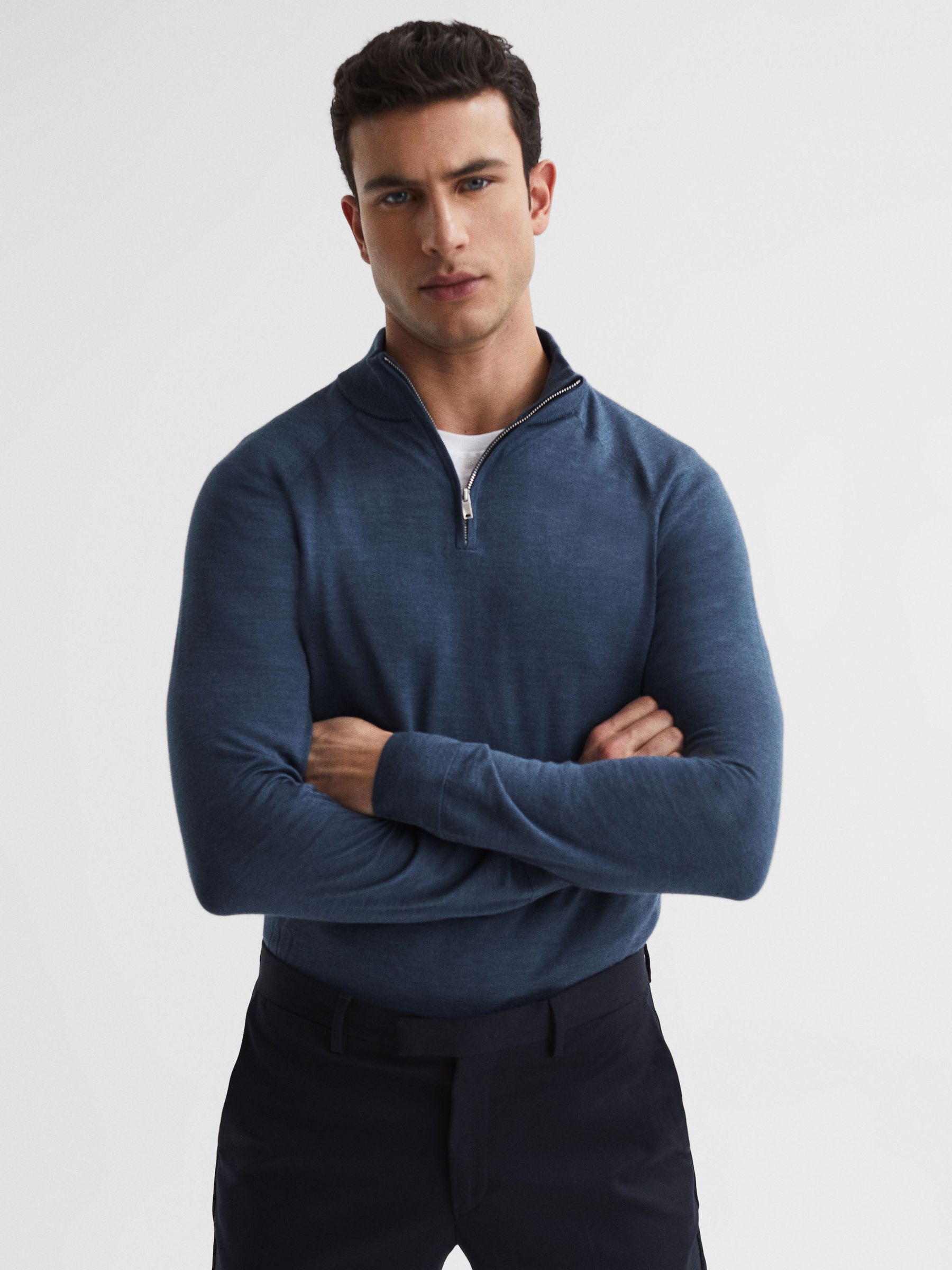 Merino Silk Slim Fit Zip Neck Jumper in Airforce Blue - Image 1 of 1 Merino Silk Slim Fit Zip Neck Jumper in Airforce Blue - Image 1 of 1